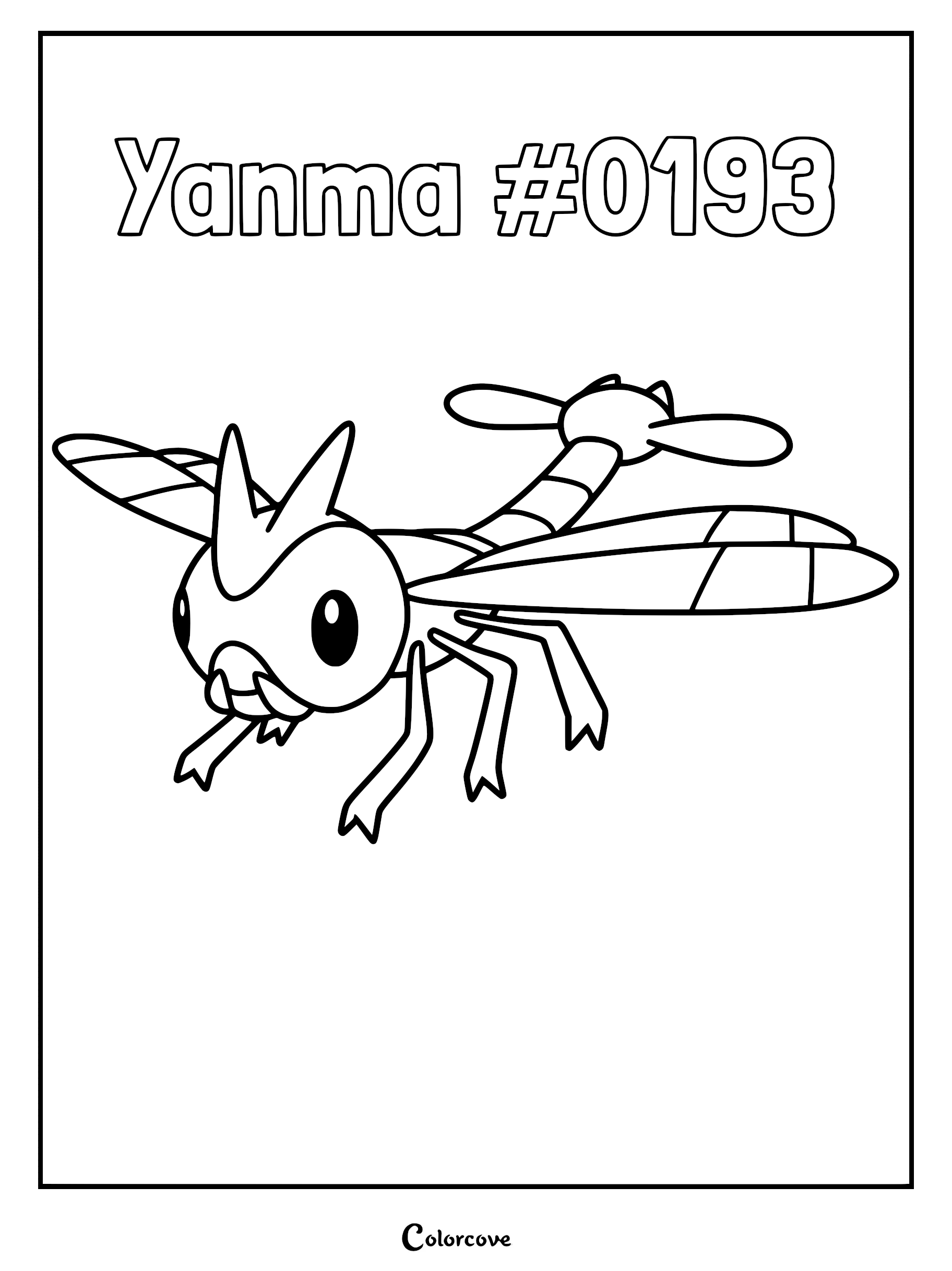 A printable Yanma coloring page featuring the dragonfly-like Pokemon with large wings and a segmented tail.