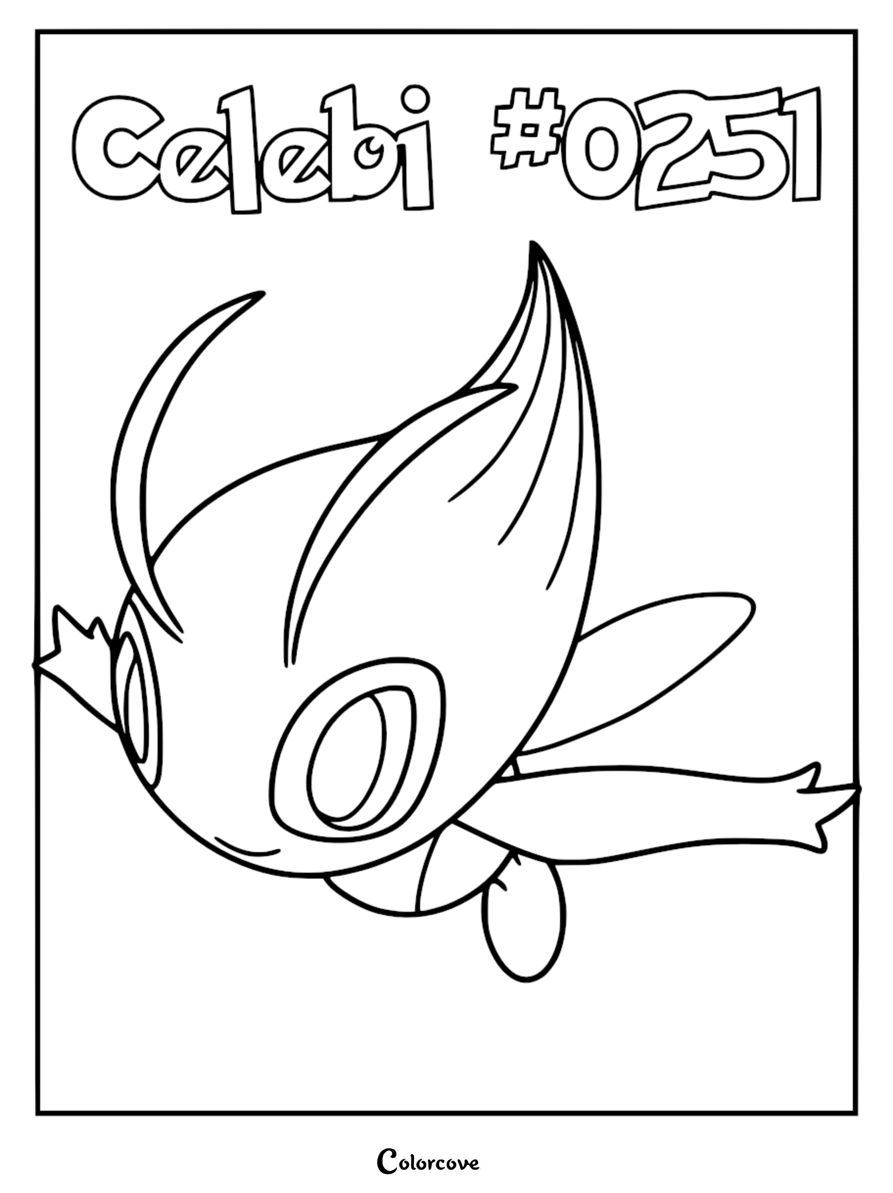 A printable coloring page featuring the mythical Pokemon Celebi #0251 flying with its wings spread wide.