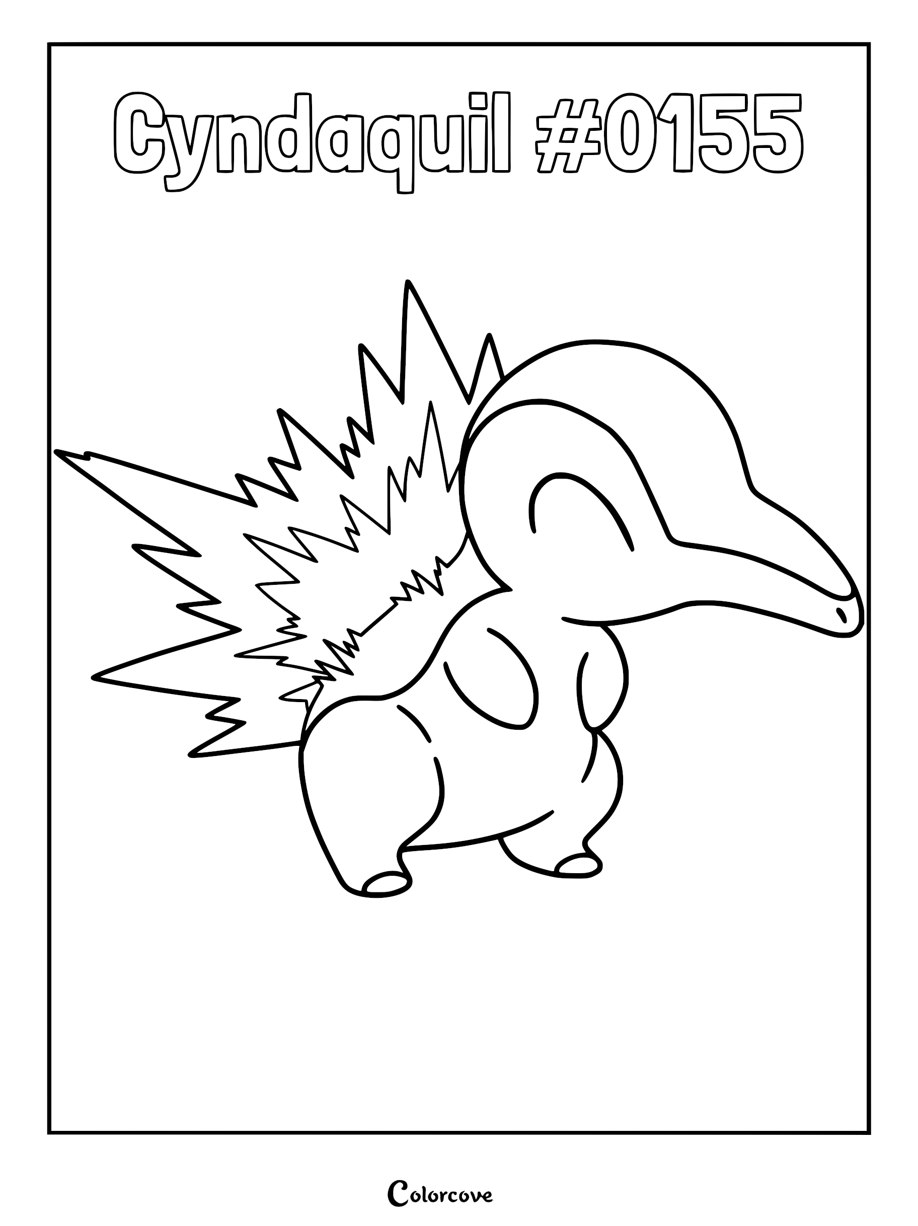 Cyndaquil #0155 coloring page featuring the Johto fire-type with spiky flames on its back.