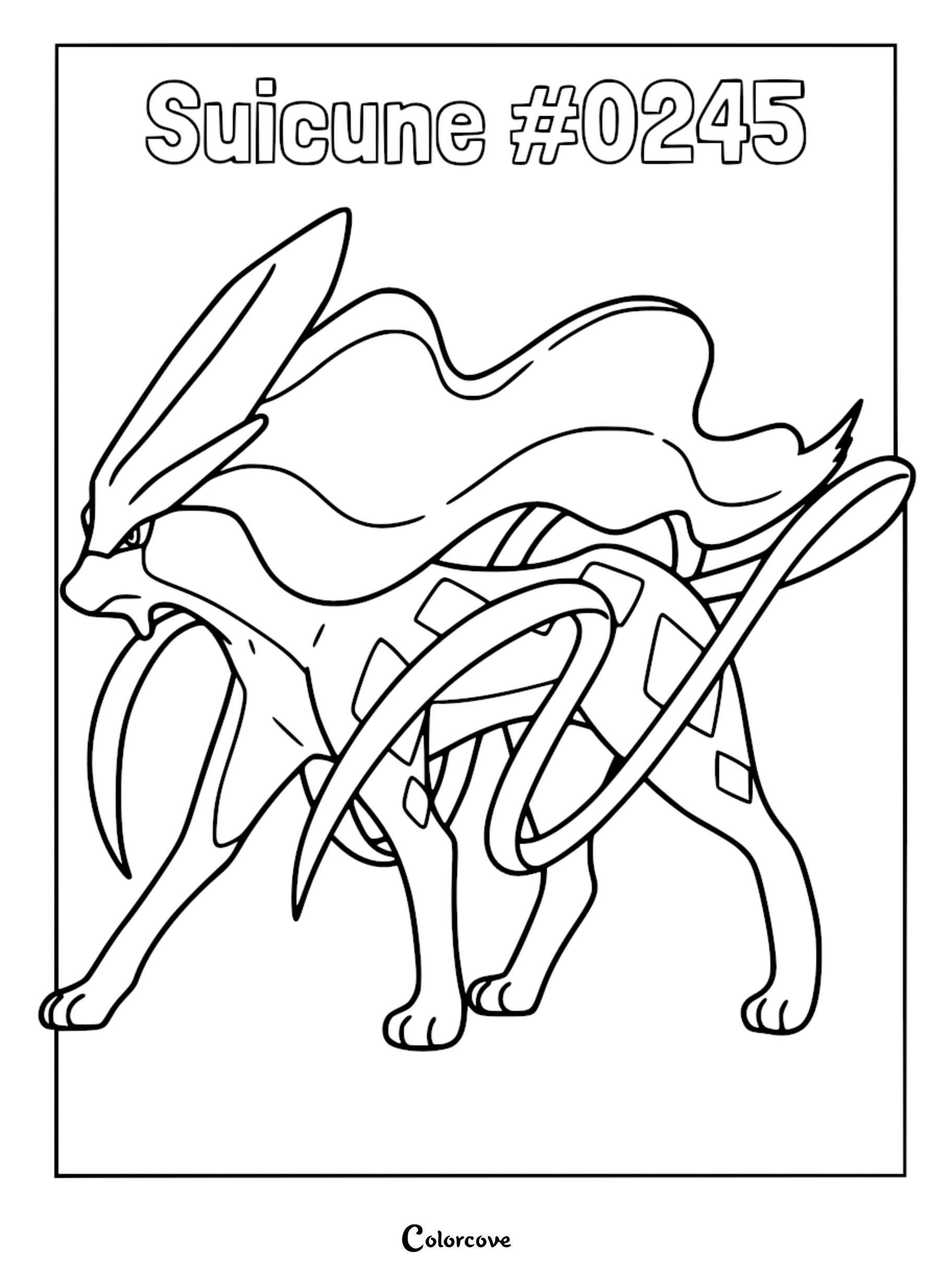 Suicune standing in a dynamic pose with its long flowing mane and ribbon-like tail in this printable Pokemon Johto coloring page.