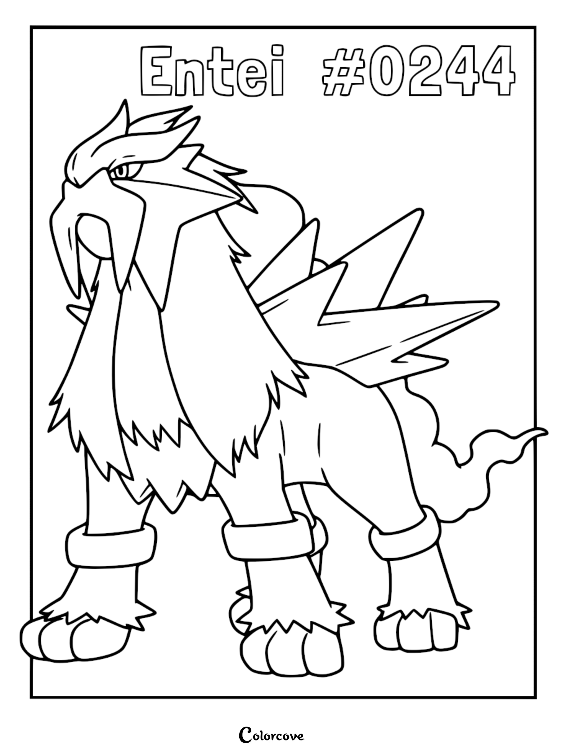 Entei #0244 standing in a proud pose, detailed line art coloring page of the legendary fire-type Pokemon.