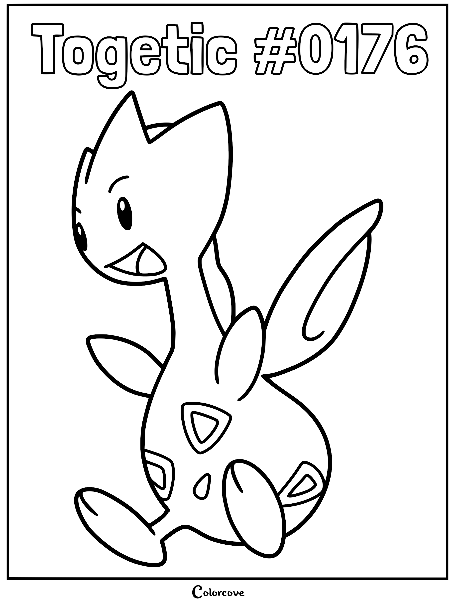A line art coloring page of the Pokemon Togetic #0176, showing its triangular head spikes, small wings, and patterned body markings.