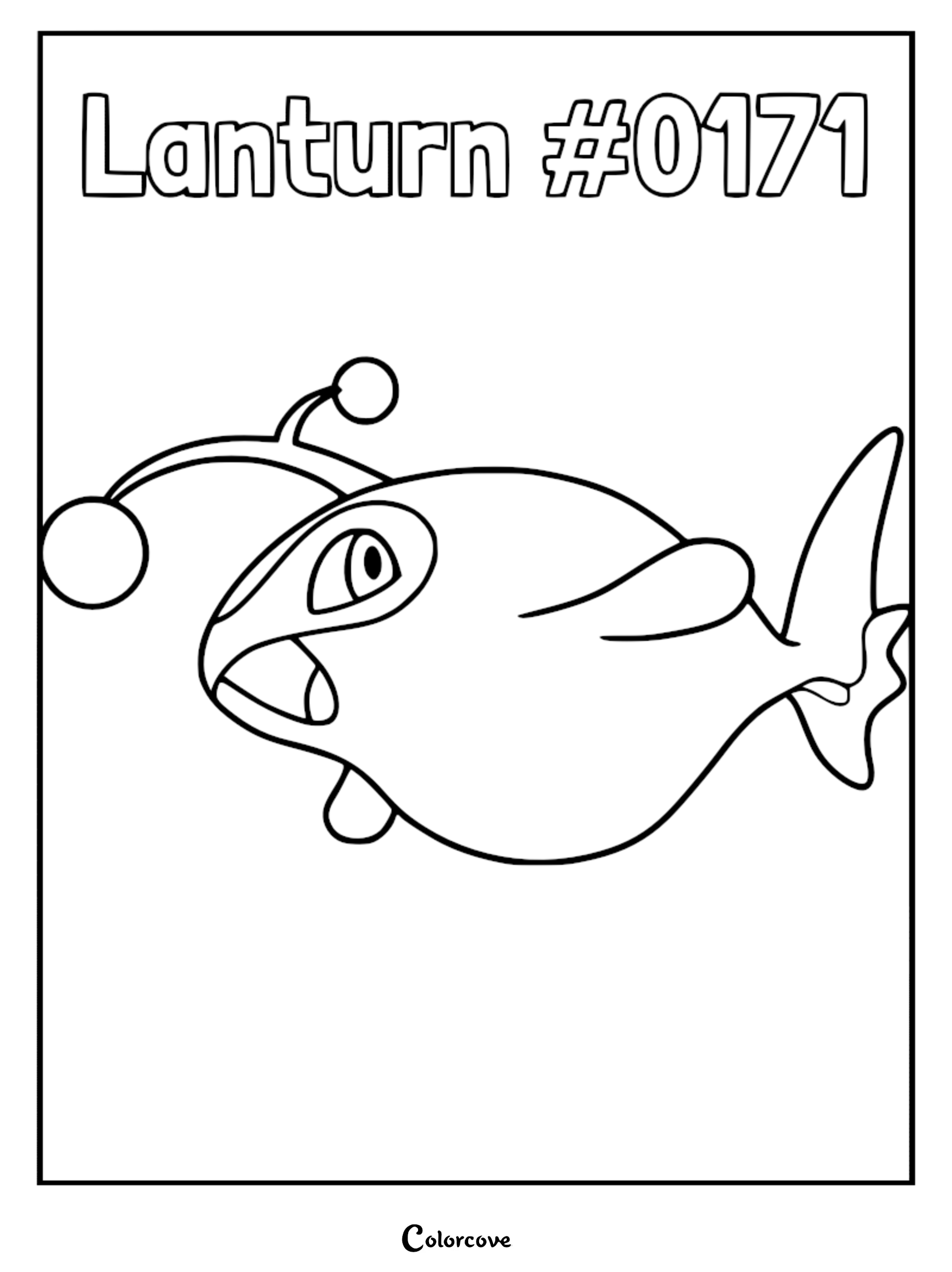 A printable coloring page featuring the Johto Pokemon Lanturn with its signature glowing lure antenna.