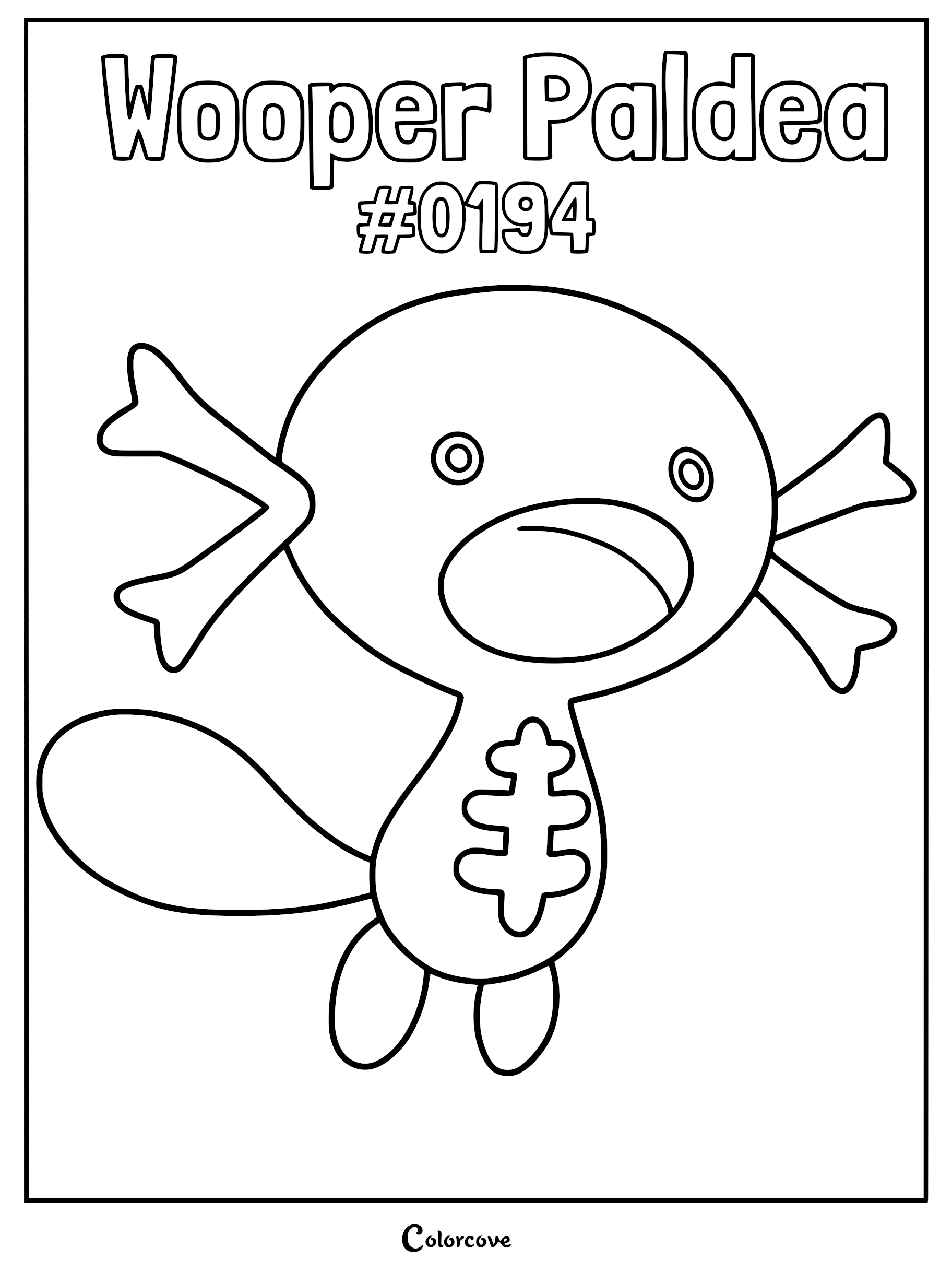 A printable Paldean Wooper coloring page featuring the distinct brown, mud-dwelling variant with bone-shaped gills and a wide, open mouth.