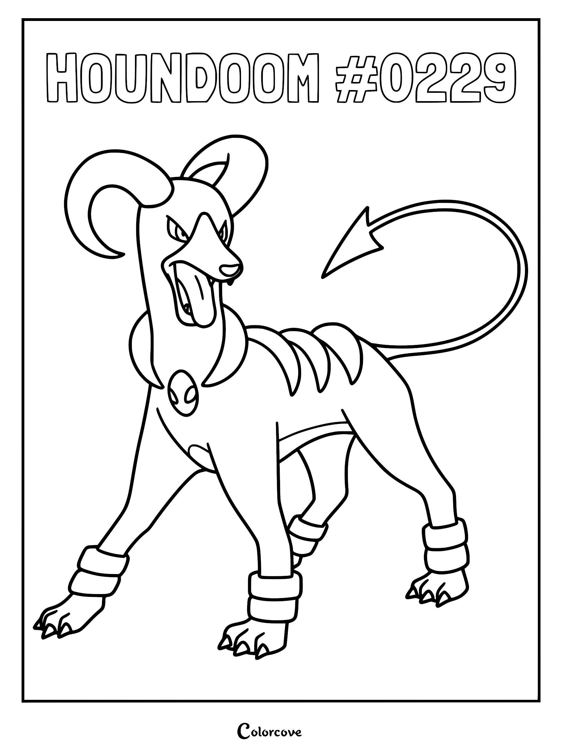 A detailed line art coloring page of the Johto Pokemon Houndoom standing with its tongue out, featuring its signature curved horns, arrow-tipped tail, and collar emblem.