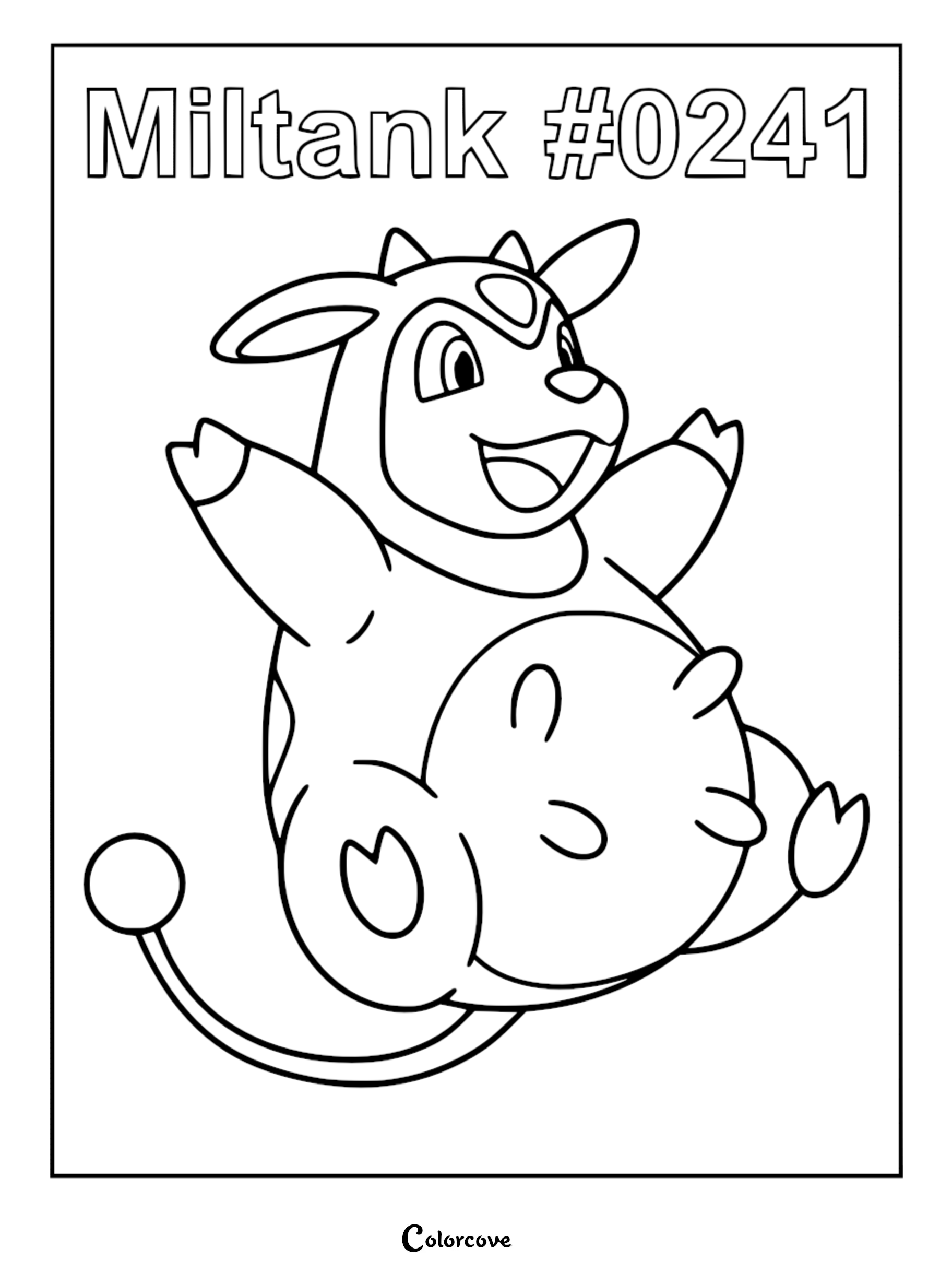 A cheerful Miltank #0241 with arms raised in a happy pose, featured on a printable coloring page.