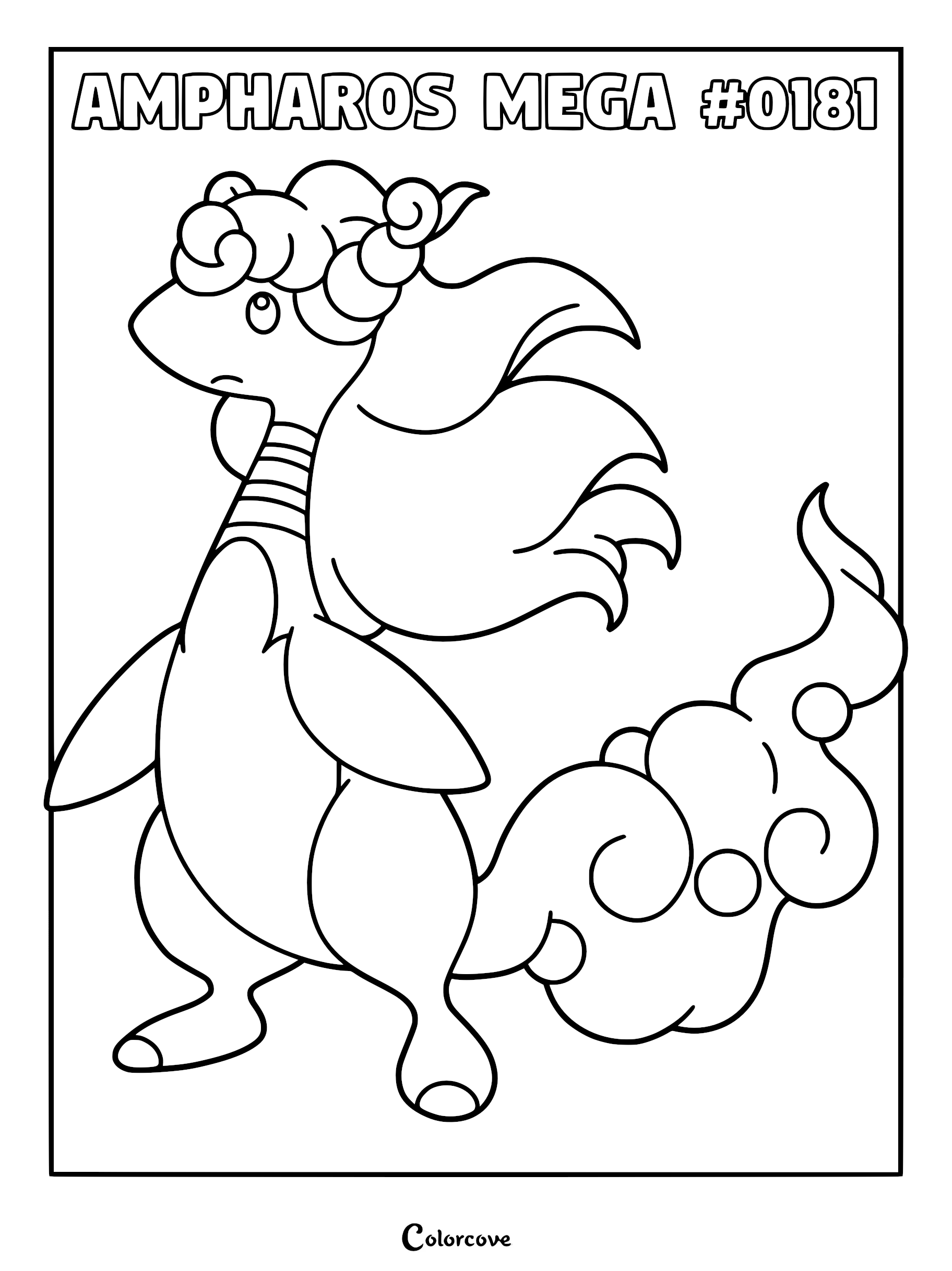 Mega Ampharos with long flowing hair and a fluffy tail in a printable coloring page format.