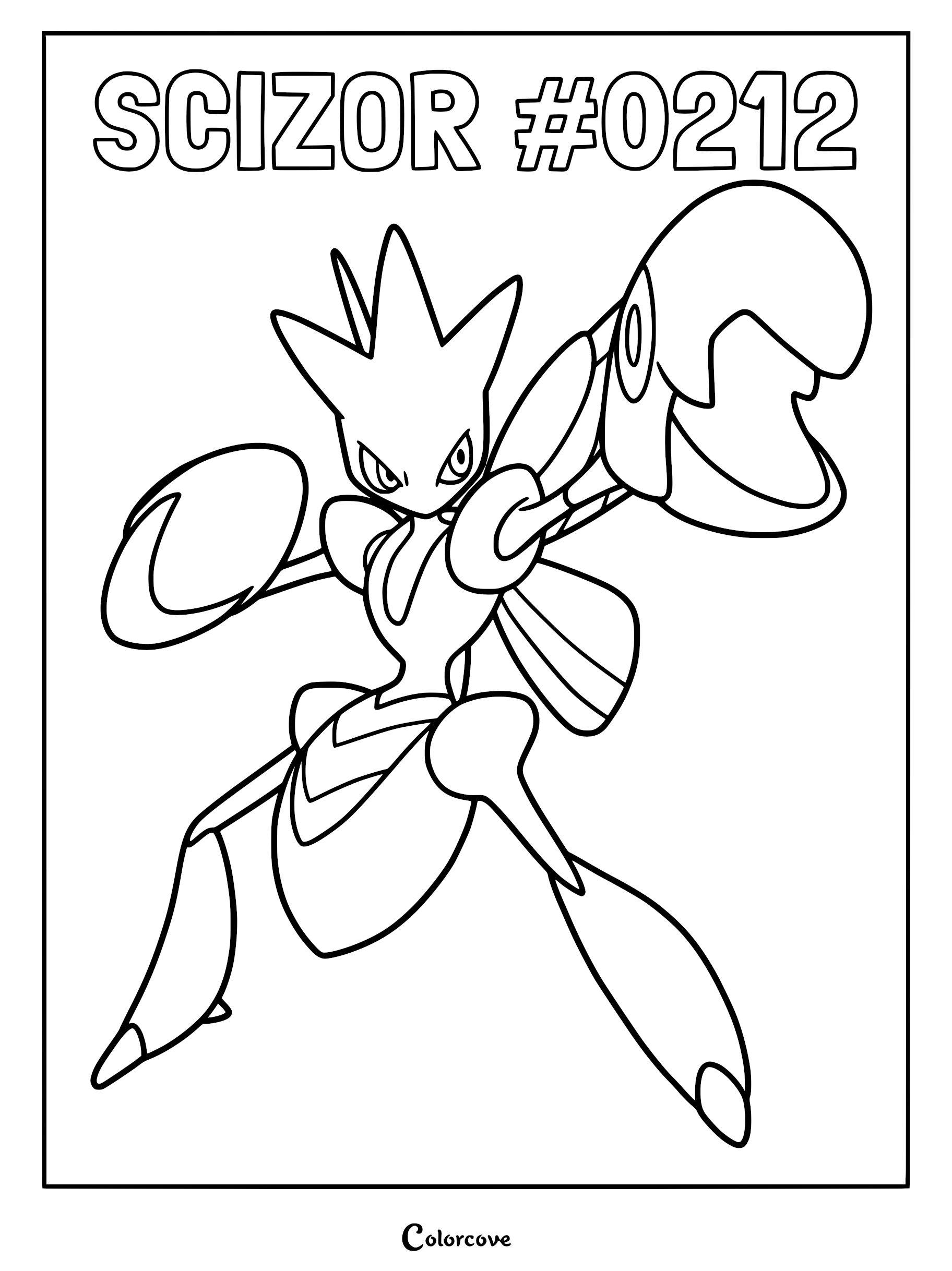 Scizor #0212 standing in a dynamic battle pose with large pincers raised in this printable Pokemon Johto coloring page.