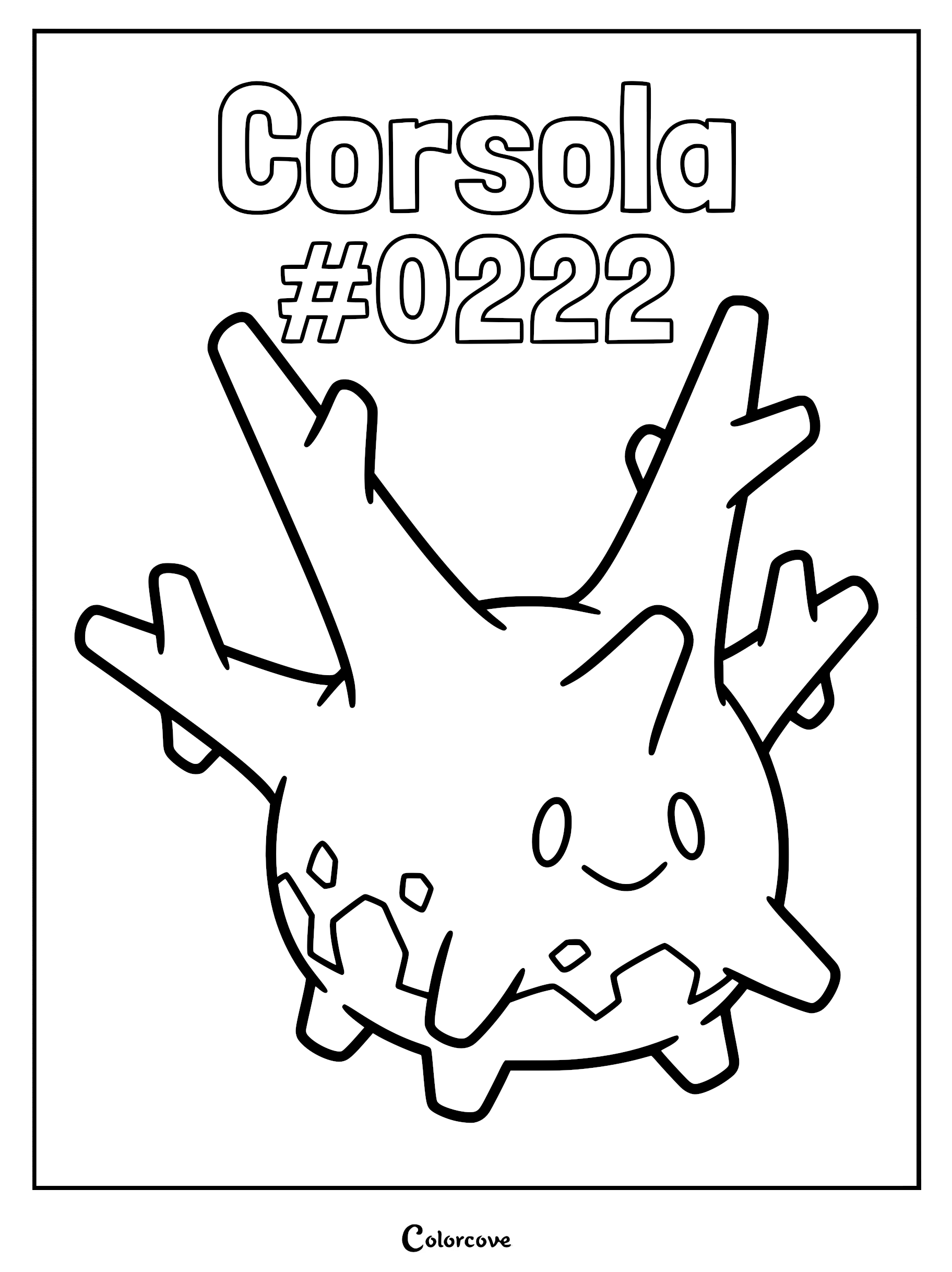 A printable coloring page featuring the Johto Pokemon Corsola with its coral-like branches and smiling face.