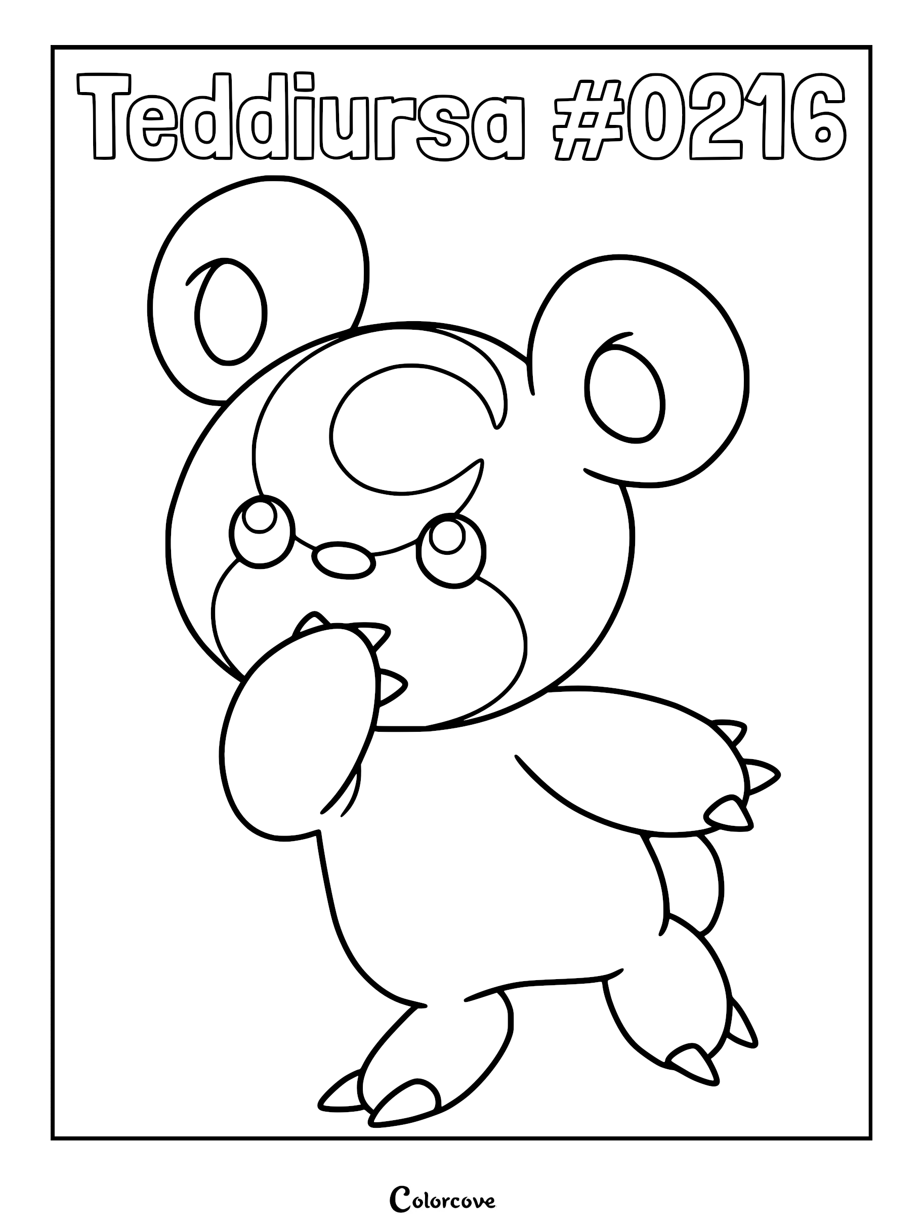 A printable coloring page featuring Teddiursa with its signature crescent moon mark on its forehead and paw in its mouth.