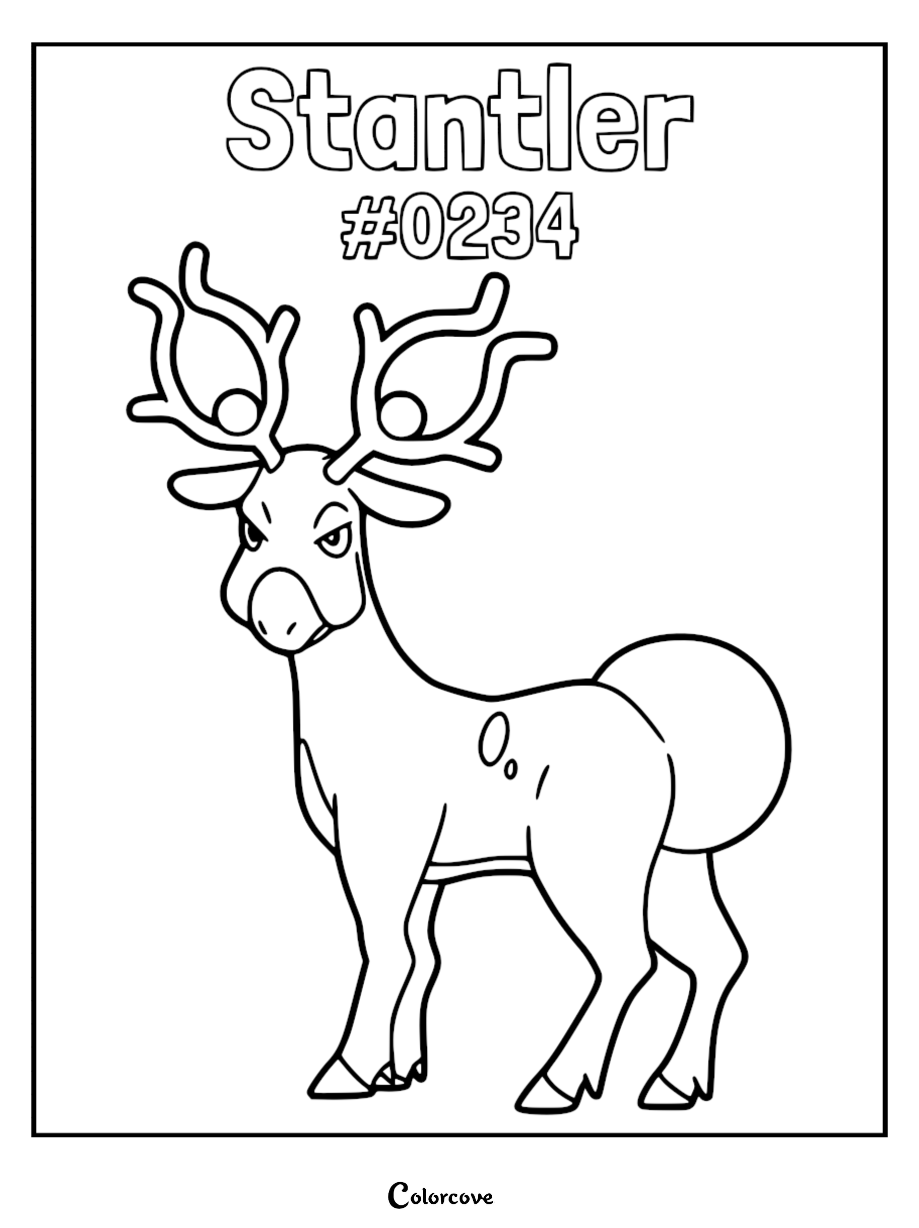 A printable Stantler Pokemon coloring page featuring the Johto region deer with large branching antlers.