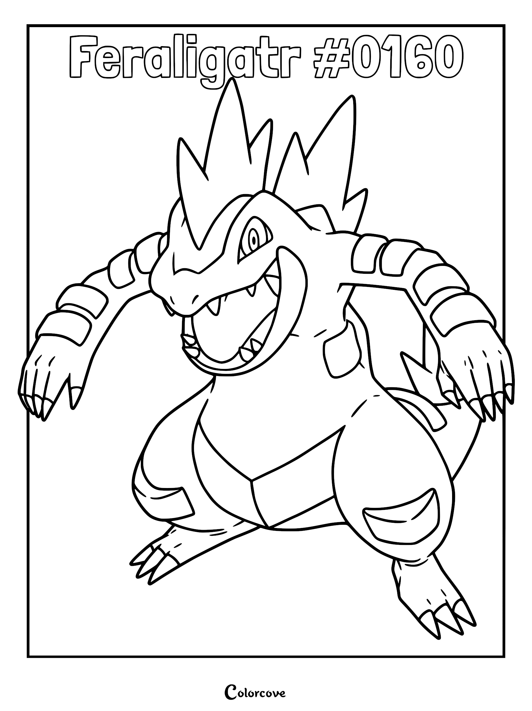 Feraligatr standing in a dynamic pose with mouth open, featured on a printable coloring page.
