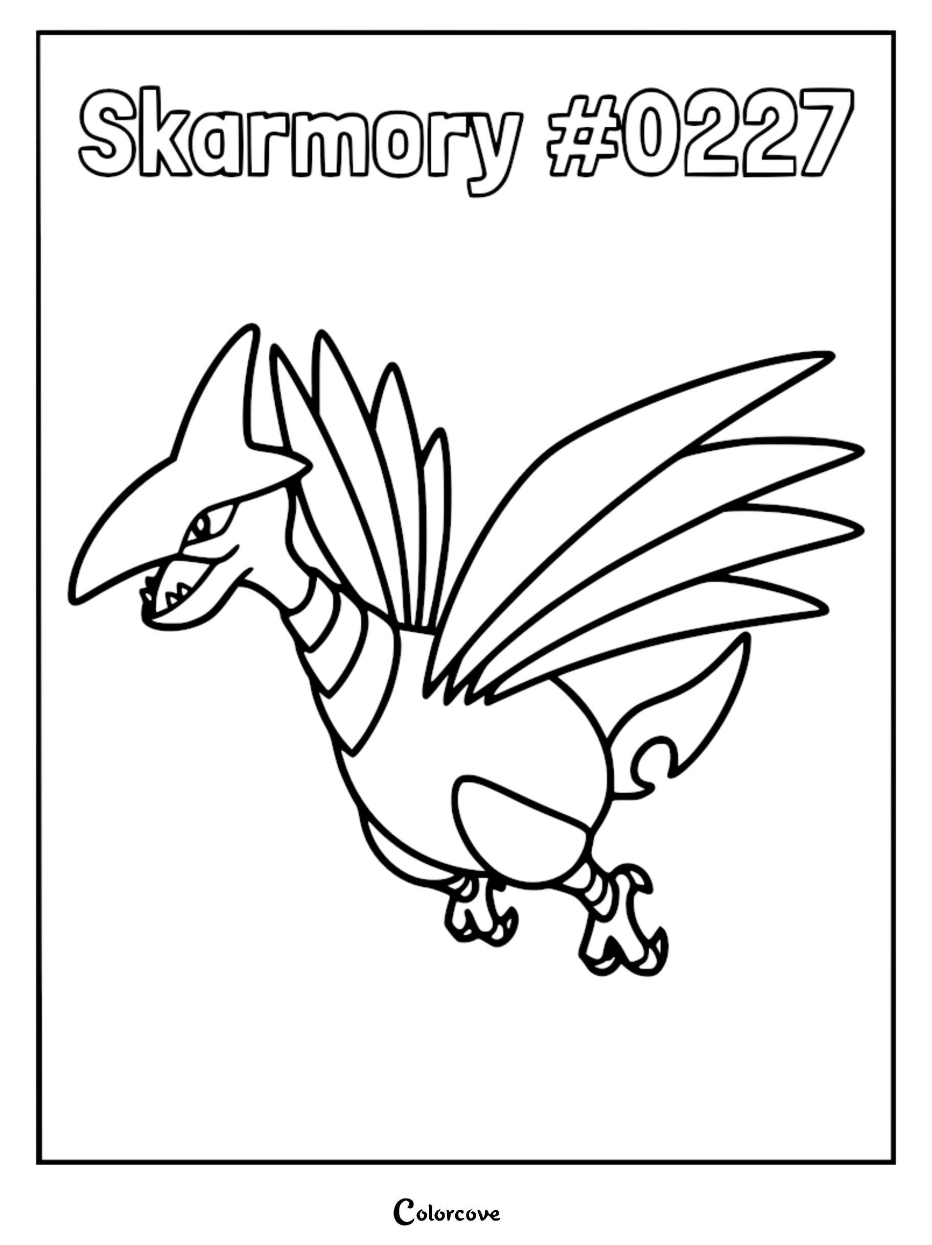 Skarmory #0227 Pokemon Johto character line art coloring page featuring the steel-type bird with sharp wings.
