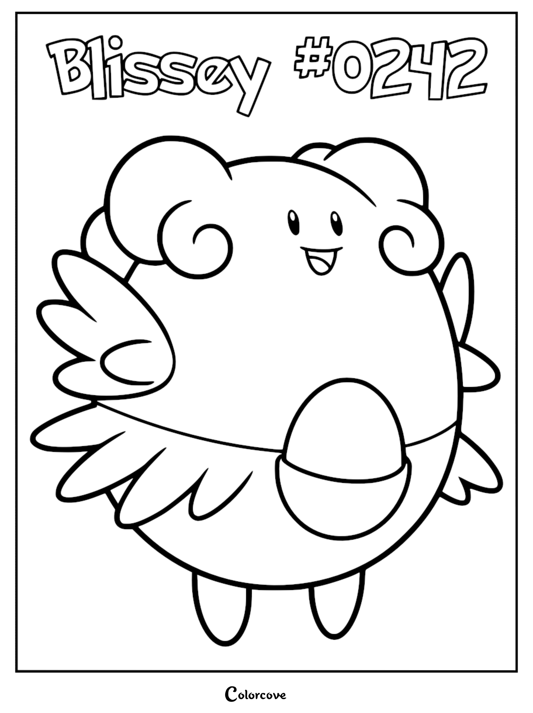 A printable coloring page featuring Blissey #0242 with its signature egg in its pouch and curled hair.