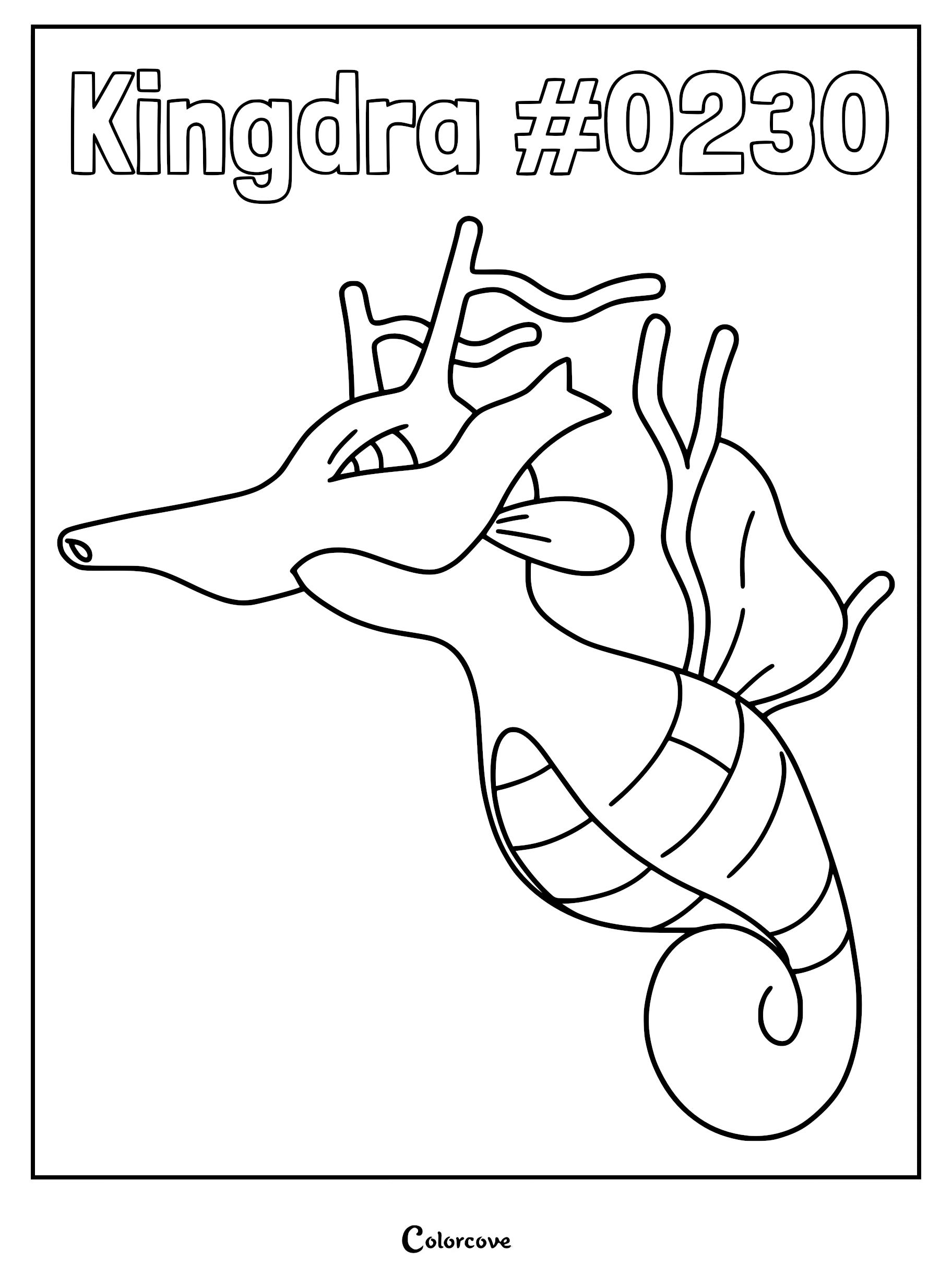 Kingdra Pokemon coloring page featuring the Johto dragon type with its signature snout and coral-like fins.