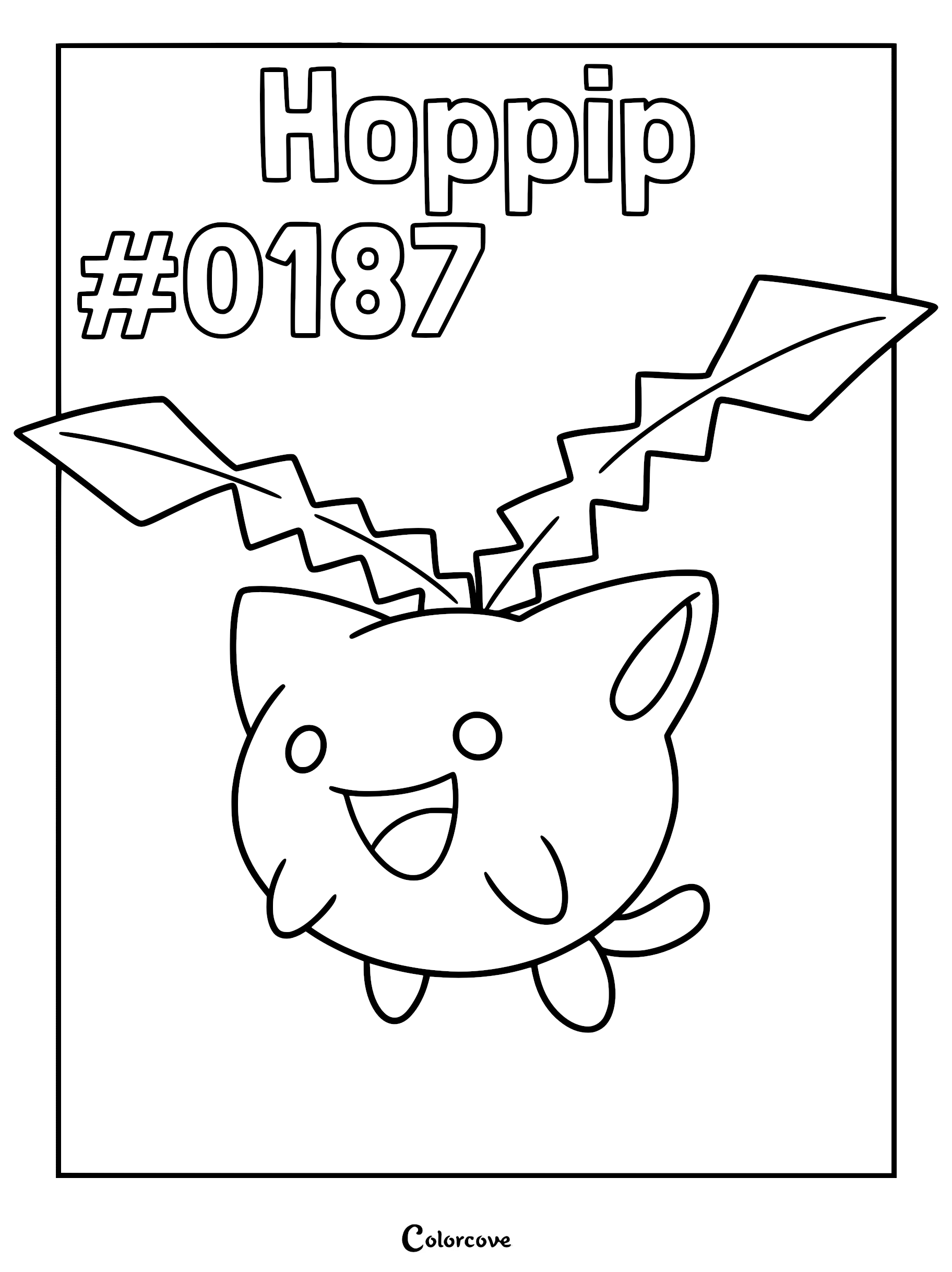 A printable Hoppip coloring page featuring the round Johto Pokemon with two jagged leaves on its head and a happy expression.