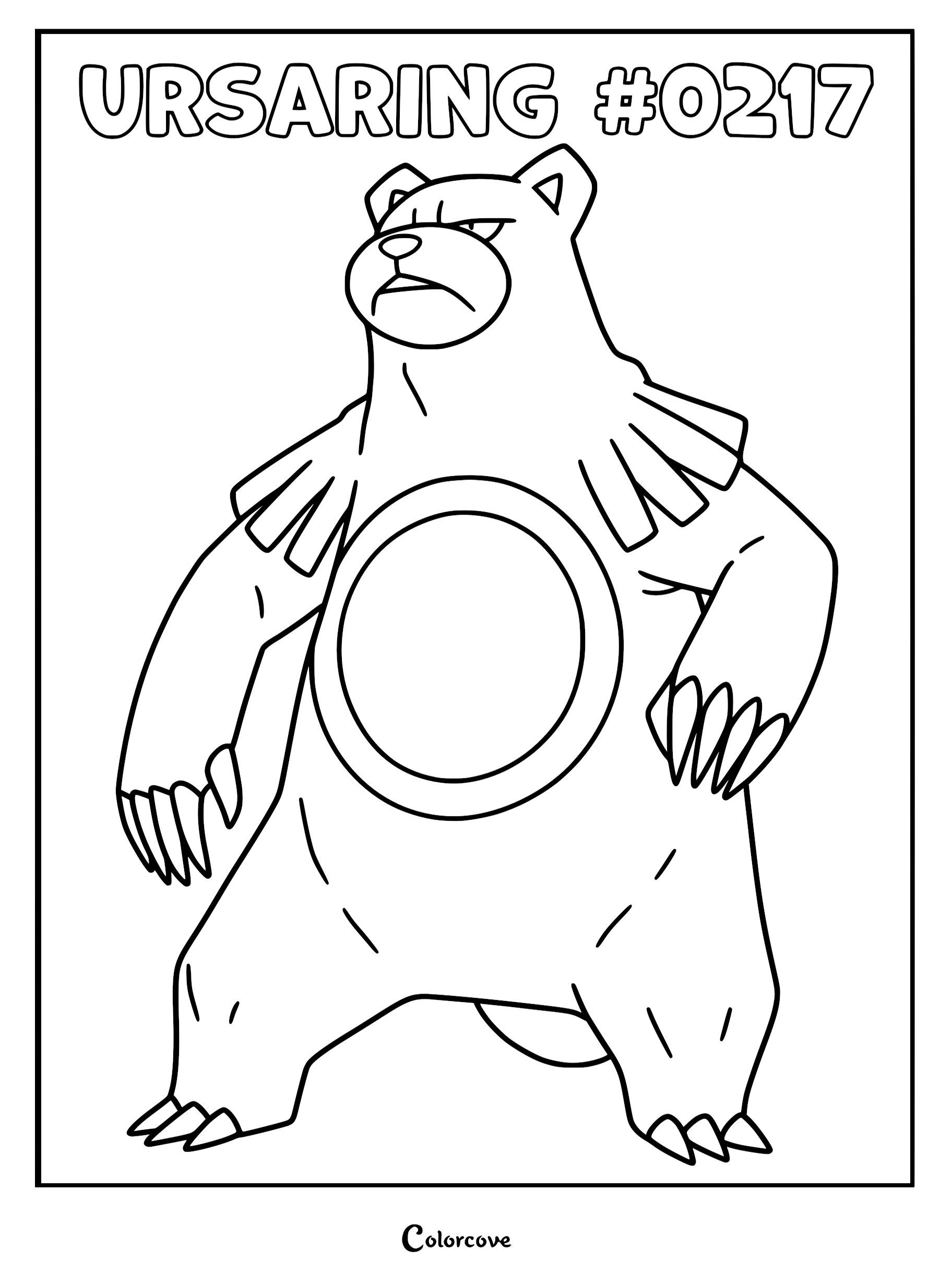 A printable coloring page featuring the Johto Pokemon Ursaring standing in a powerful pose with its signature chest ring visible.