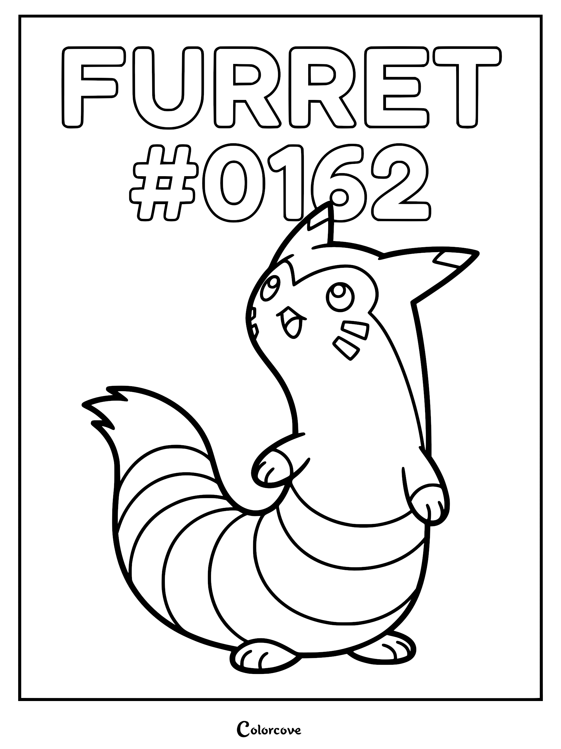 A printable coloring page featuring the long-bodied Pokemon Furret standing upright with its striped tail curled behind it.