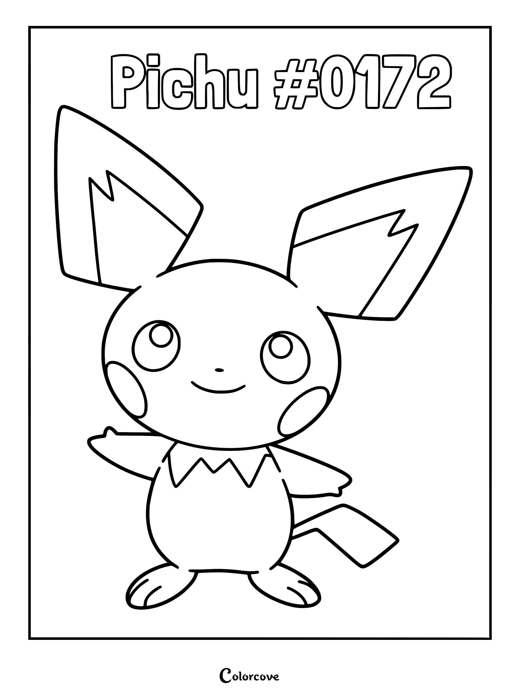 A simple black and white line art coloring page of the Johto Pokemon Pichu with large ears and rosy cheeks.
