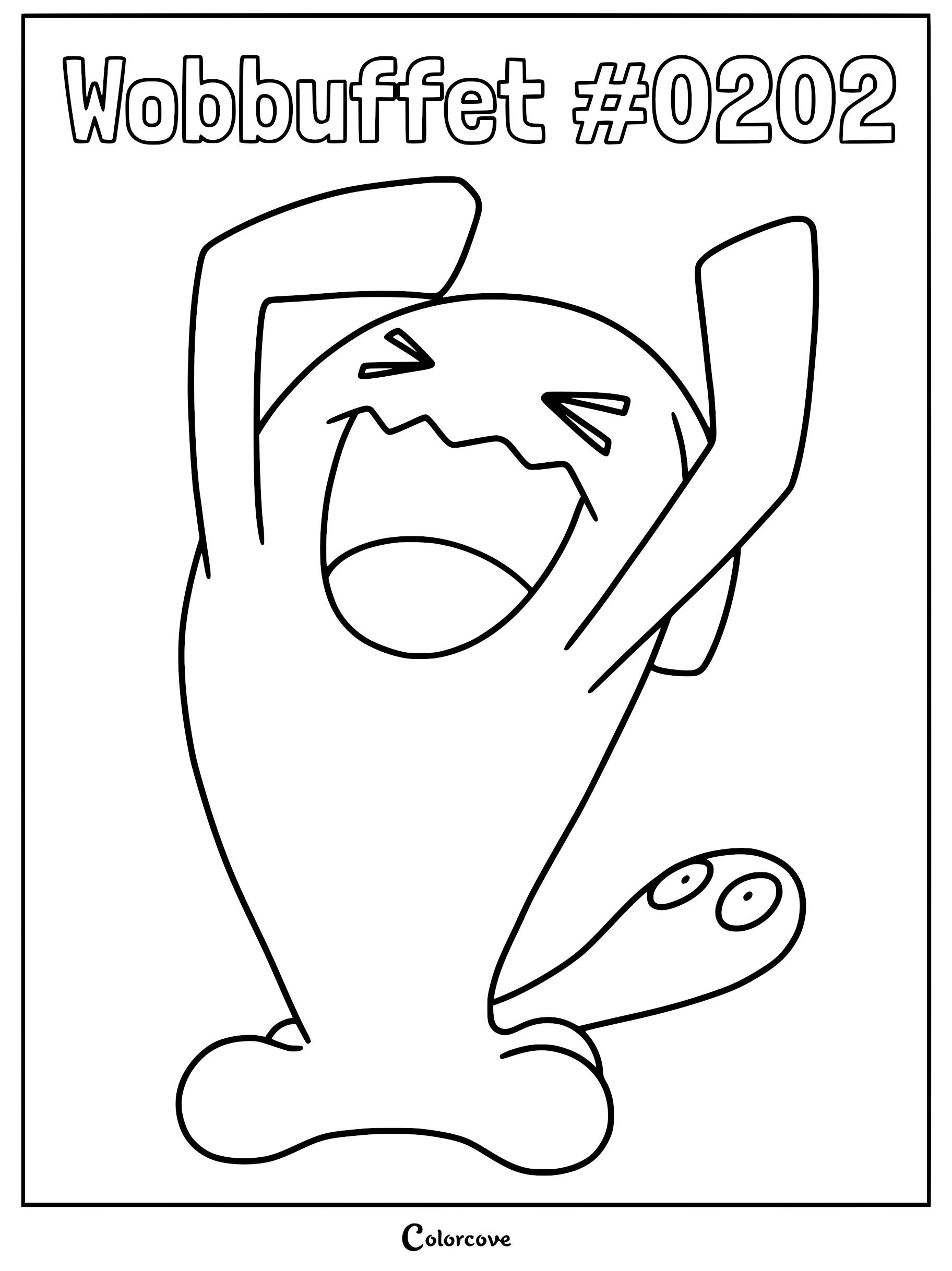 Wobbuffet with arms raised and mouth wide open in a joyful expression on a printable coloring page.