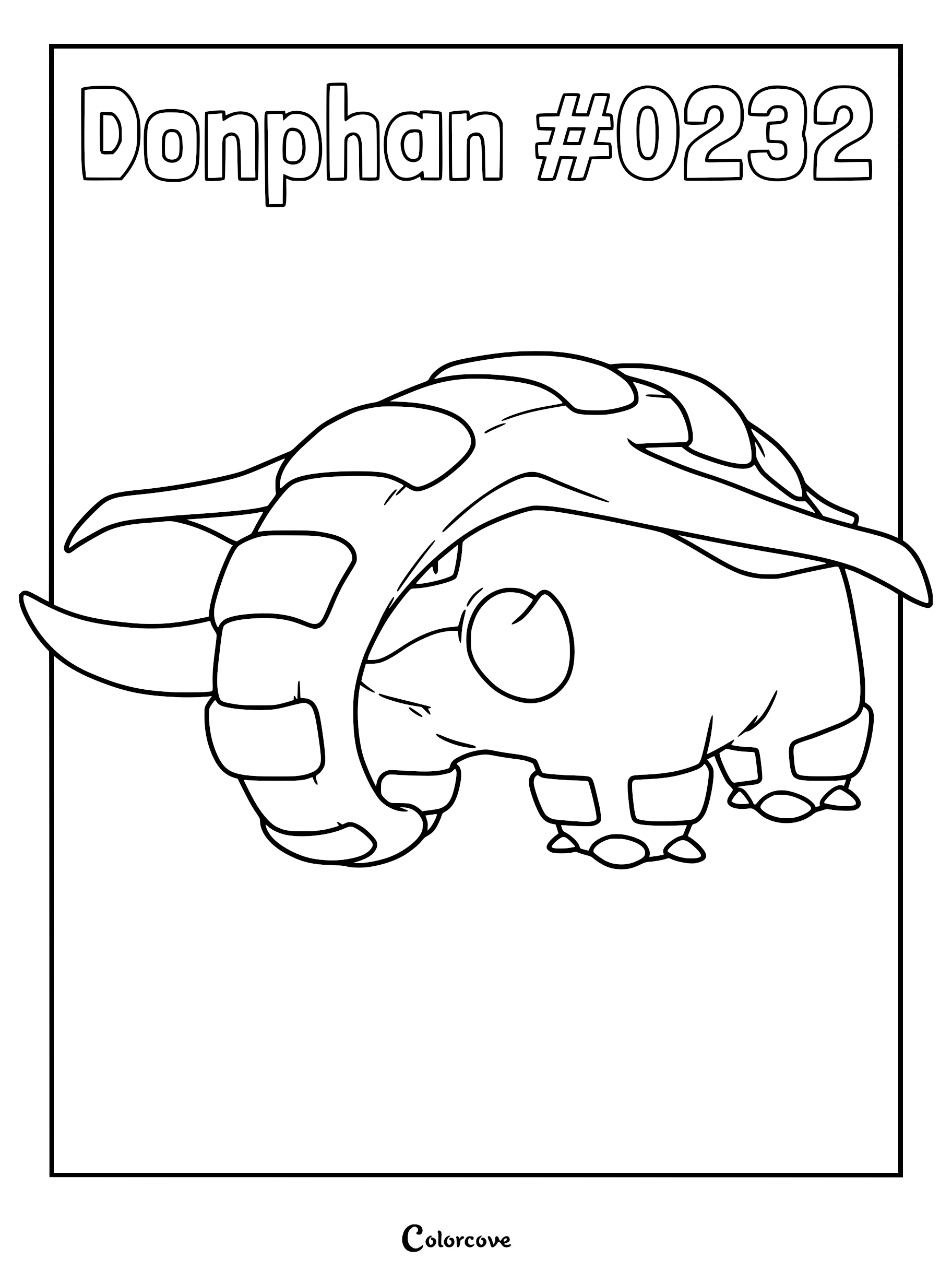 Donphan Pokemon Johto coloring page featuring the elephant-like creature with its signature armored trunk and tusks in a bold line art style.