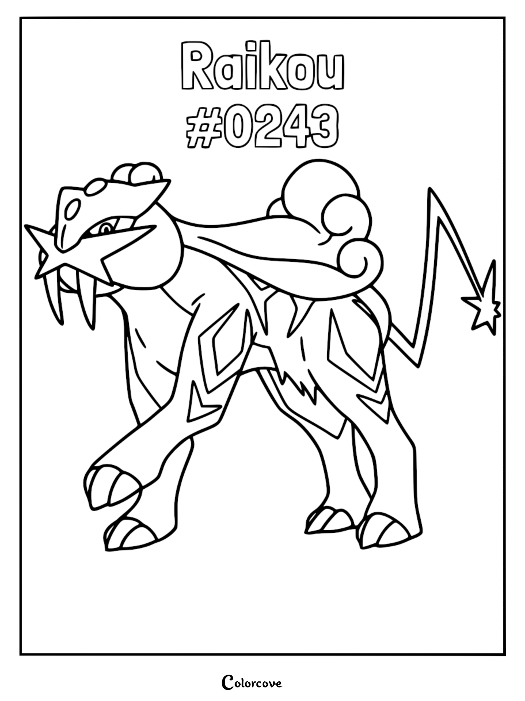 Raikou standing in a side profile view with its lightning bolt tail and cloud-like mane on a printable coloring page.