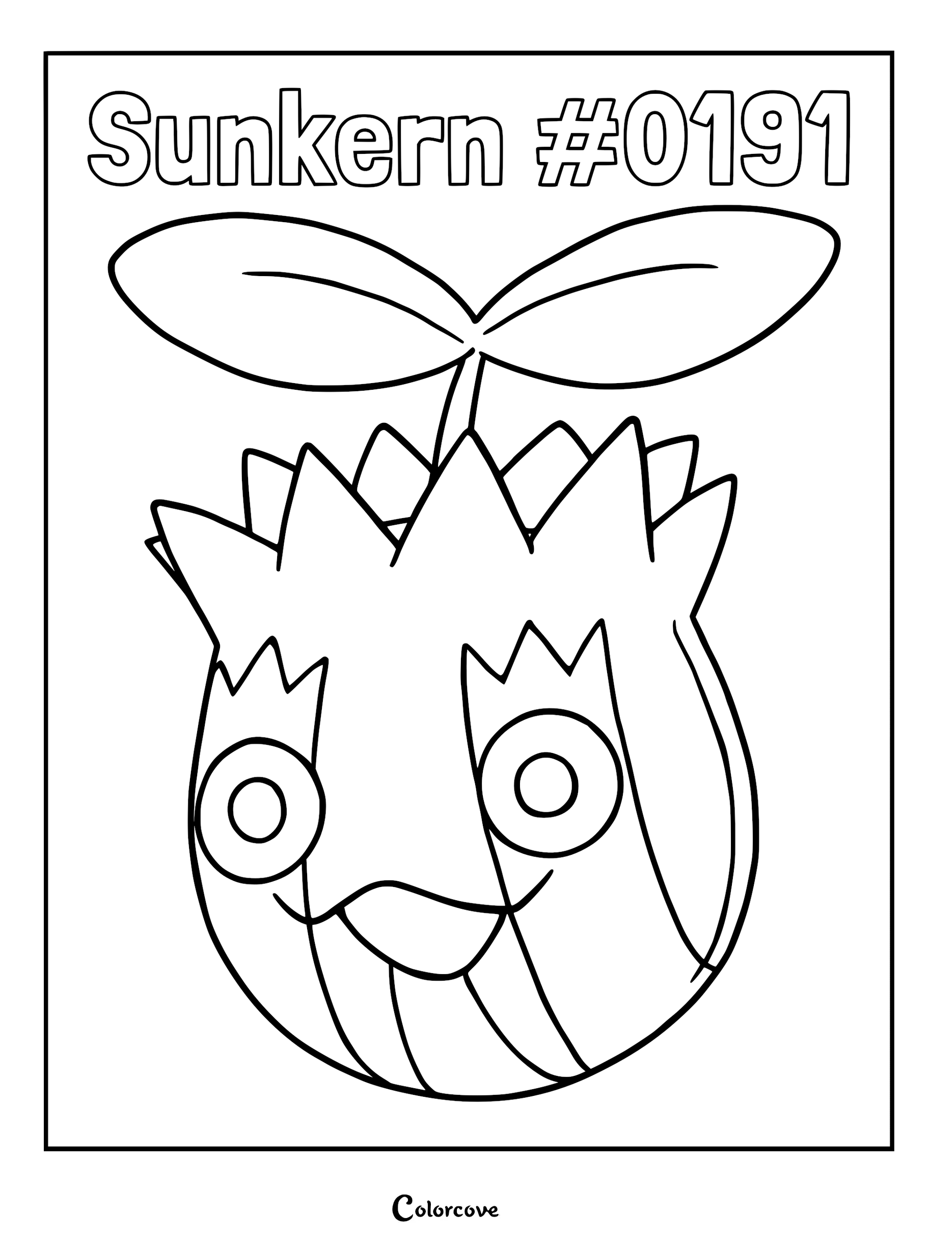 A printable coloring page featuring Sunkern #0191 with its signature sprout on top and large circular eyes.