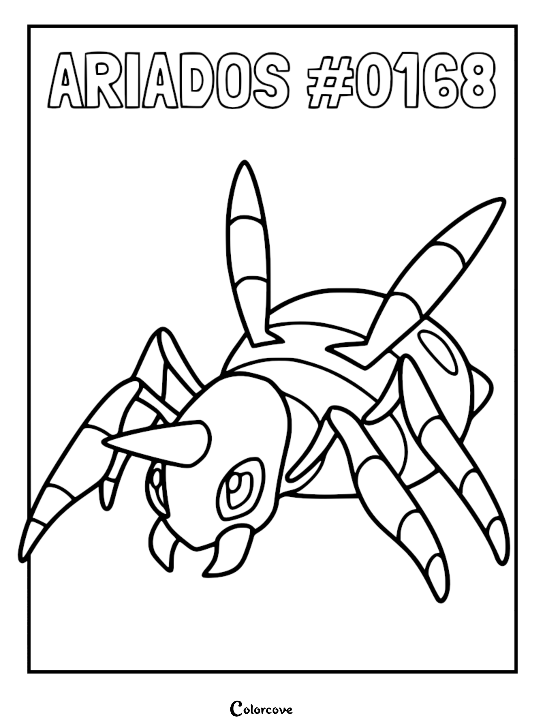 Ariados #0168 Pokemon Johto coloring page featuring the spider-like creature with a horn and segmented legs.