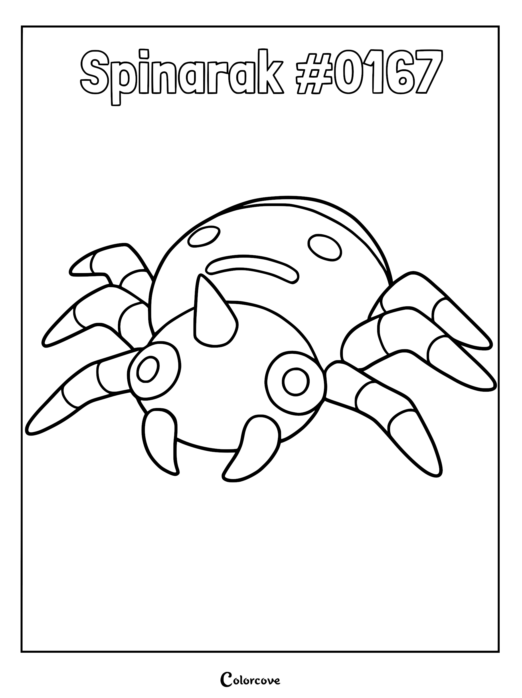Spinarak #0167 coloring page featuring the Johto spider Pokemon with its signature horn and striped legs.