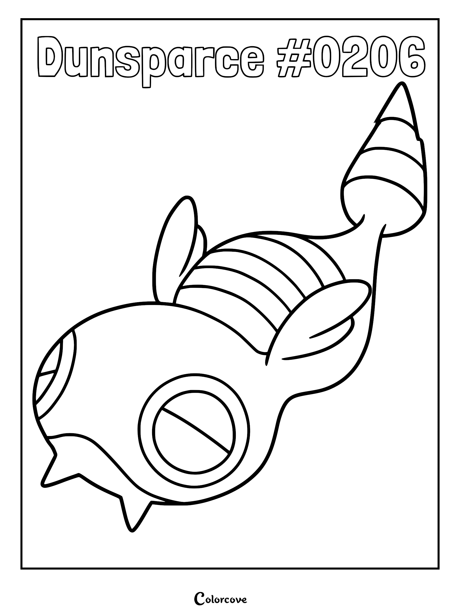 A printable coloring page featuring the Johto Pokemon Dunsparce with its signature drill-like tail and small wings.
