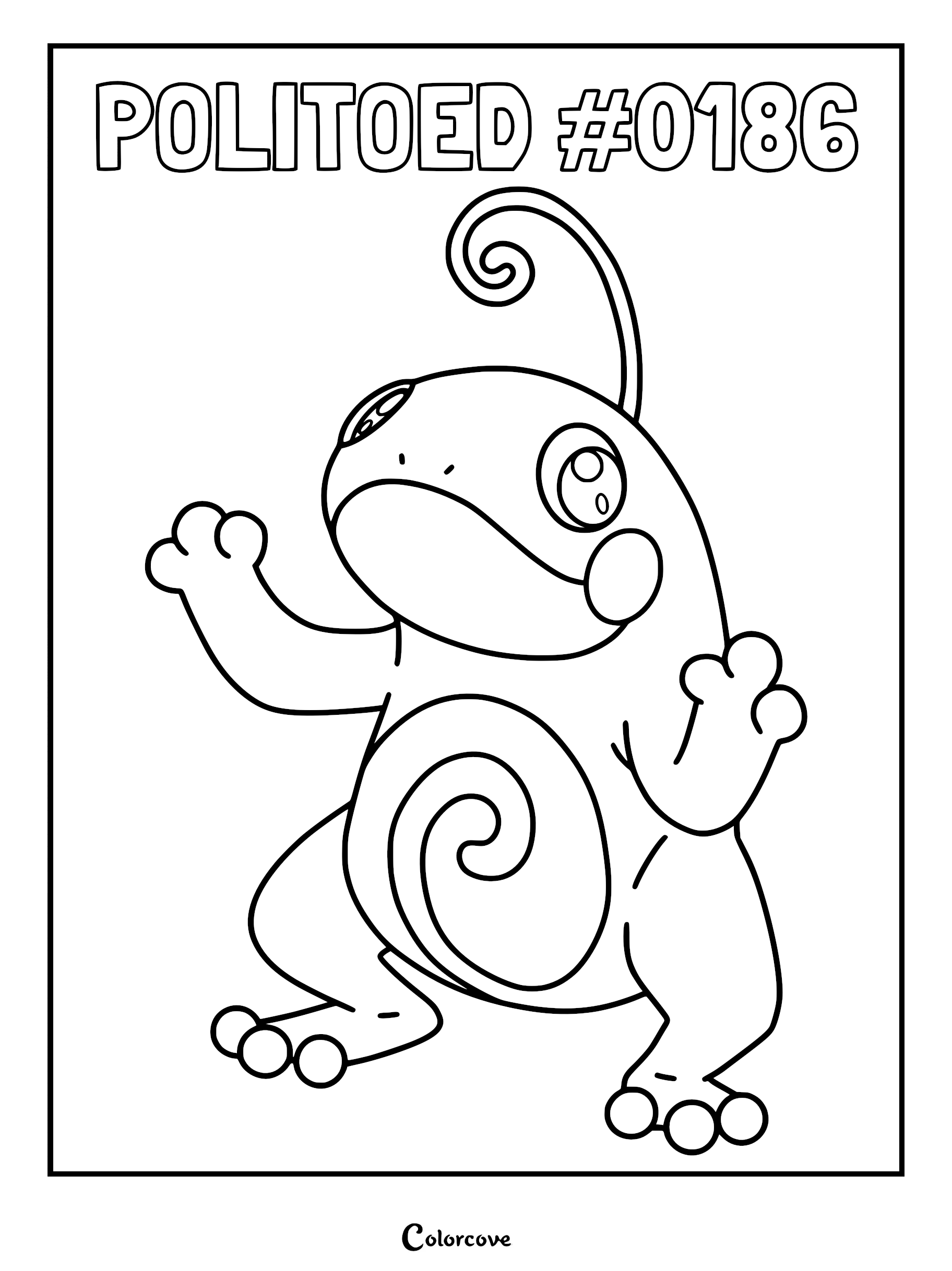 Politoed #0186 standing with arms raised in a friendly pose on a printable coloring page.