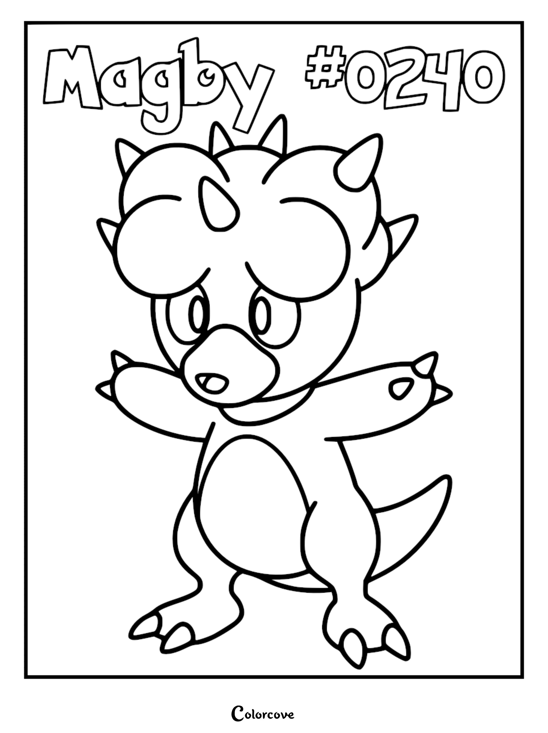 A printable coloring page featuring Magby #0240 with its signature rounded head spikes and wide stance.