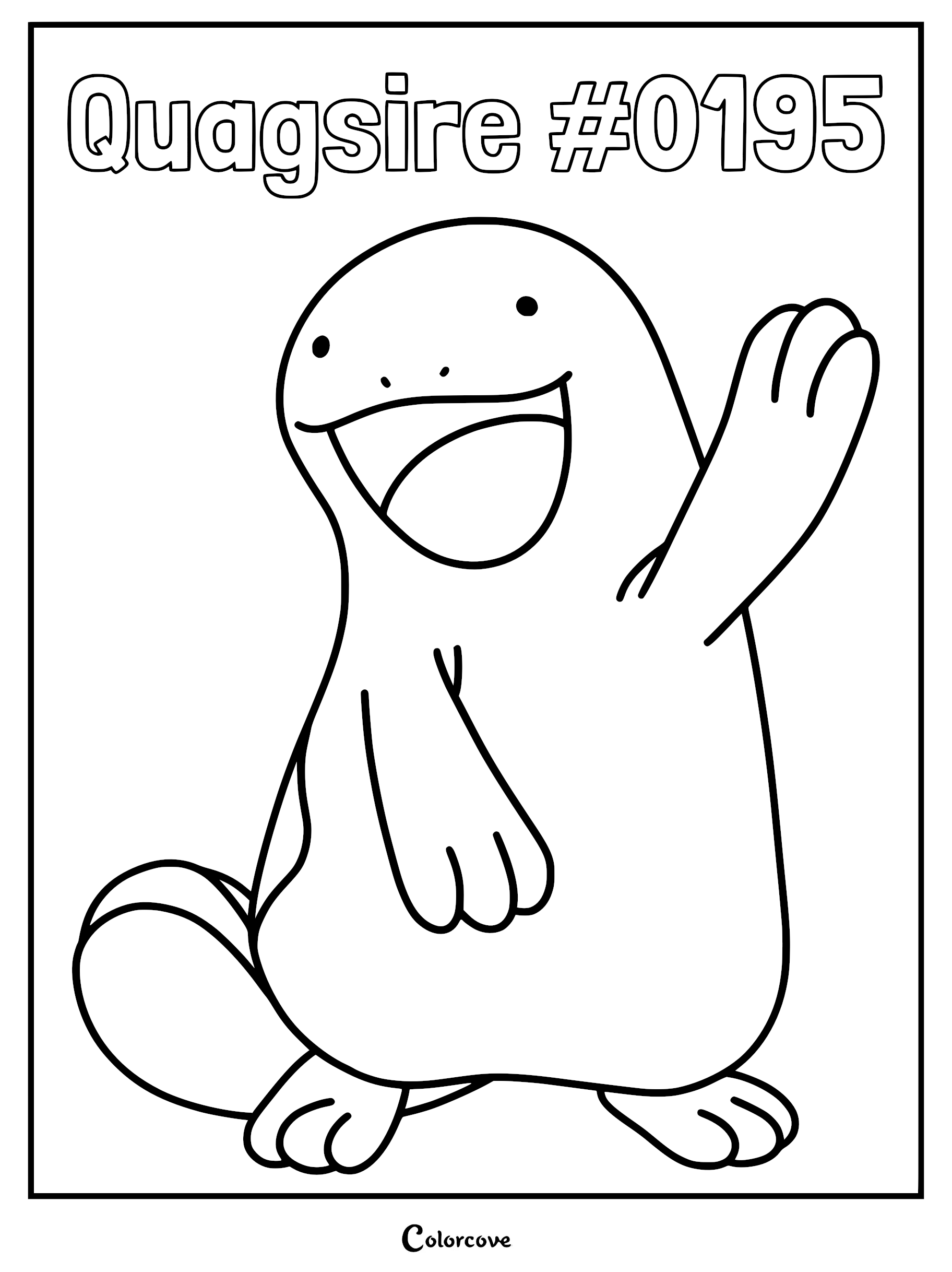 A simple line art coloring page of the Johto Pokemon Quagsire waving with a happy expression.