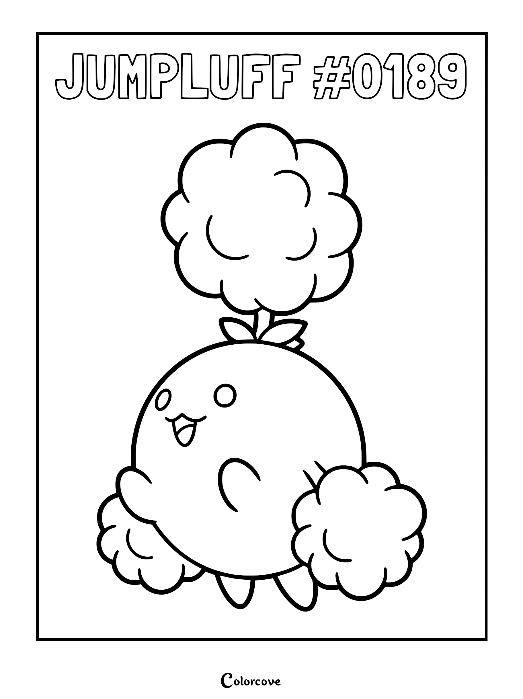 A clean line art coloring page of the Pokemon Jumpluff #0189 featuring its round body and three fluffy cotton-like spores.