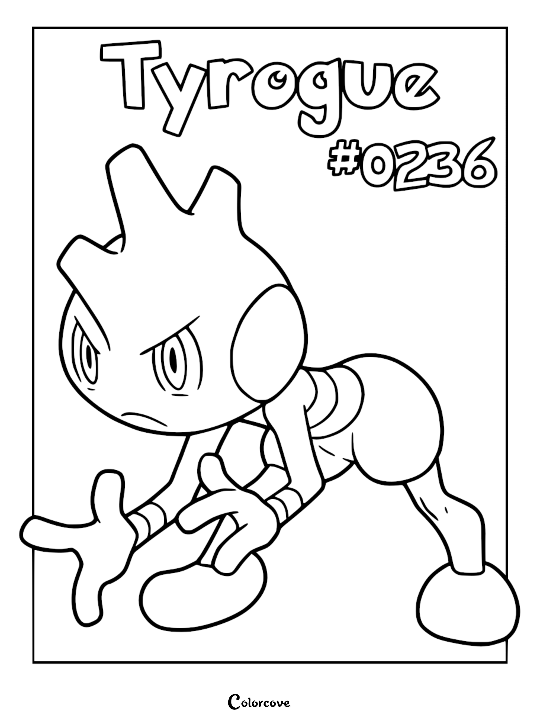 A printable coloring page featuring Tyrogue in a dynamic fighting stance with its name and Pokedex number #0236 at the top.