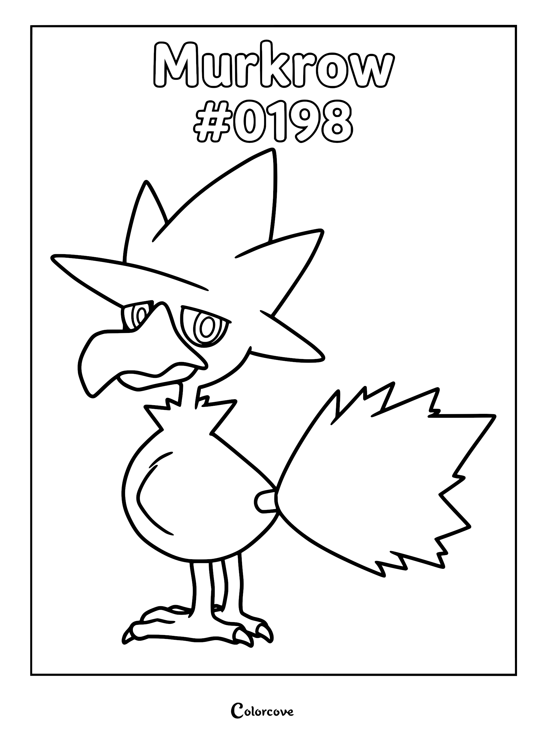 A printable Murkrow coloring page featuring the Johto Pokemon with its signature witch-hat crest and broom-like tail.