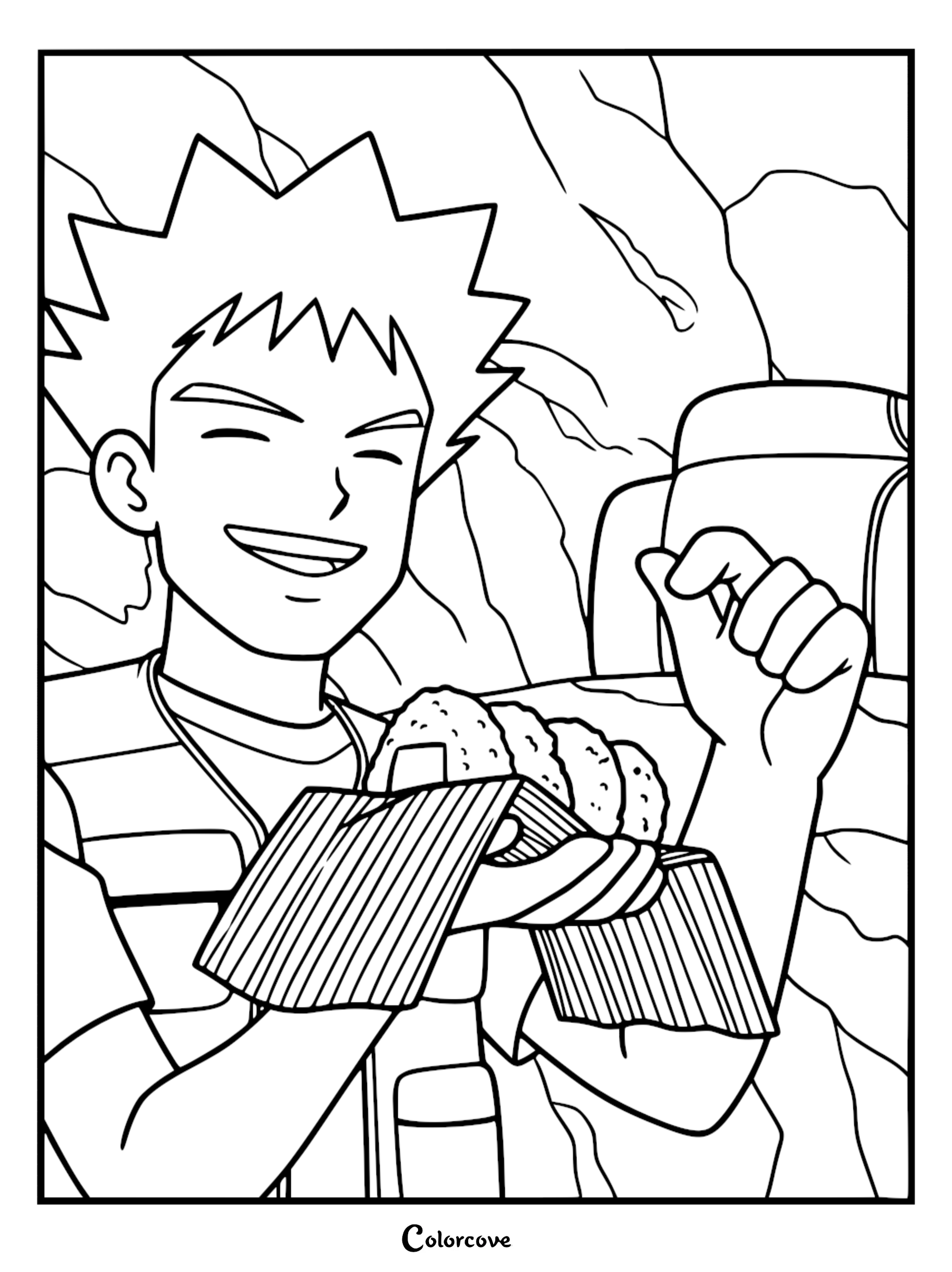 Brock from Pokémon Indigo League smiling while holding a set of rice balls in a striped wrapper, black and white line art coloring page.