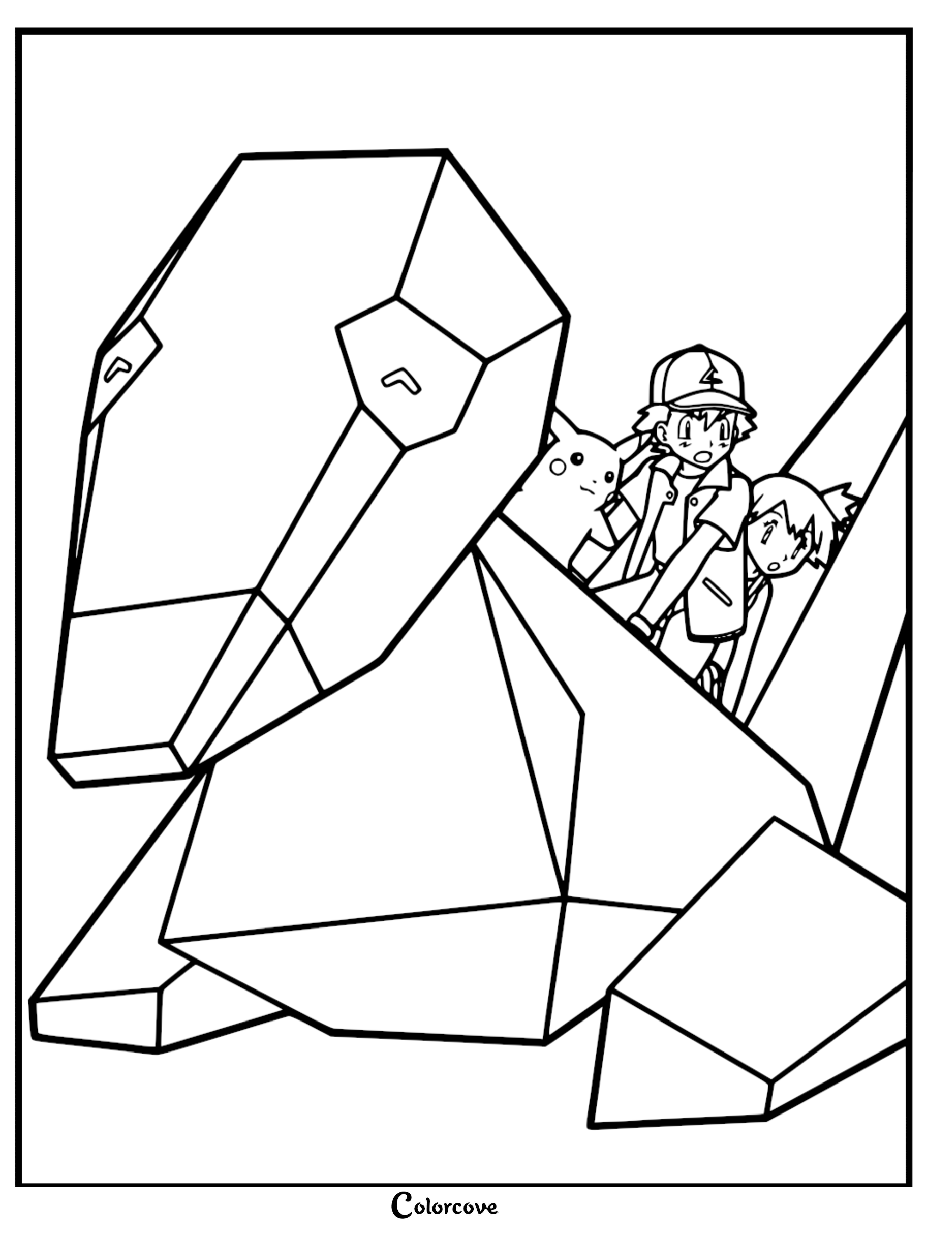 Ash Ketchum, Misty, and Pikachu riding on the back of a large Polygon in this printable Pokémon Indigo League coloring page.