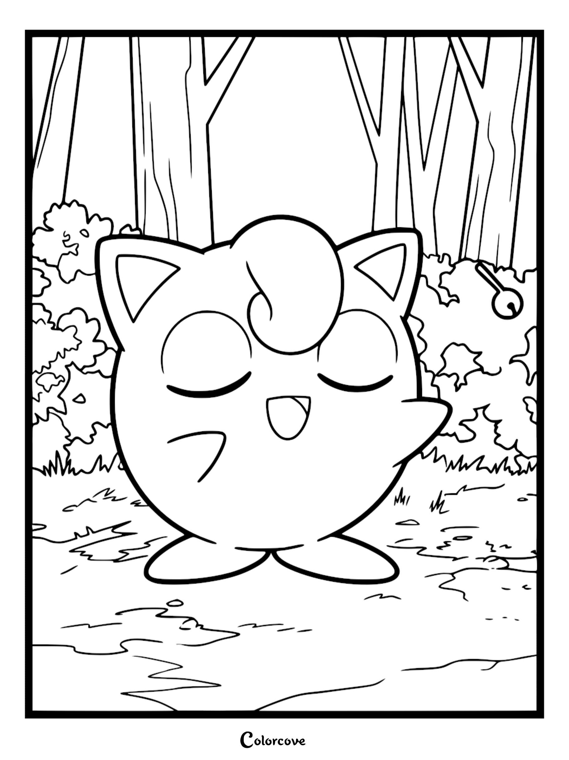 Jigglypuff singing with eyes closed in a forest setting, printable coloring page featuring a microphone nearby.