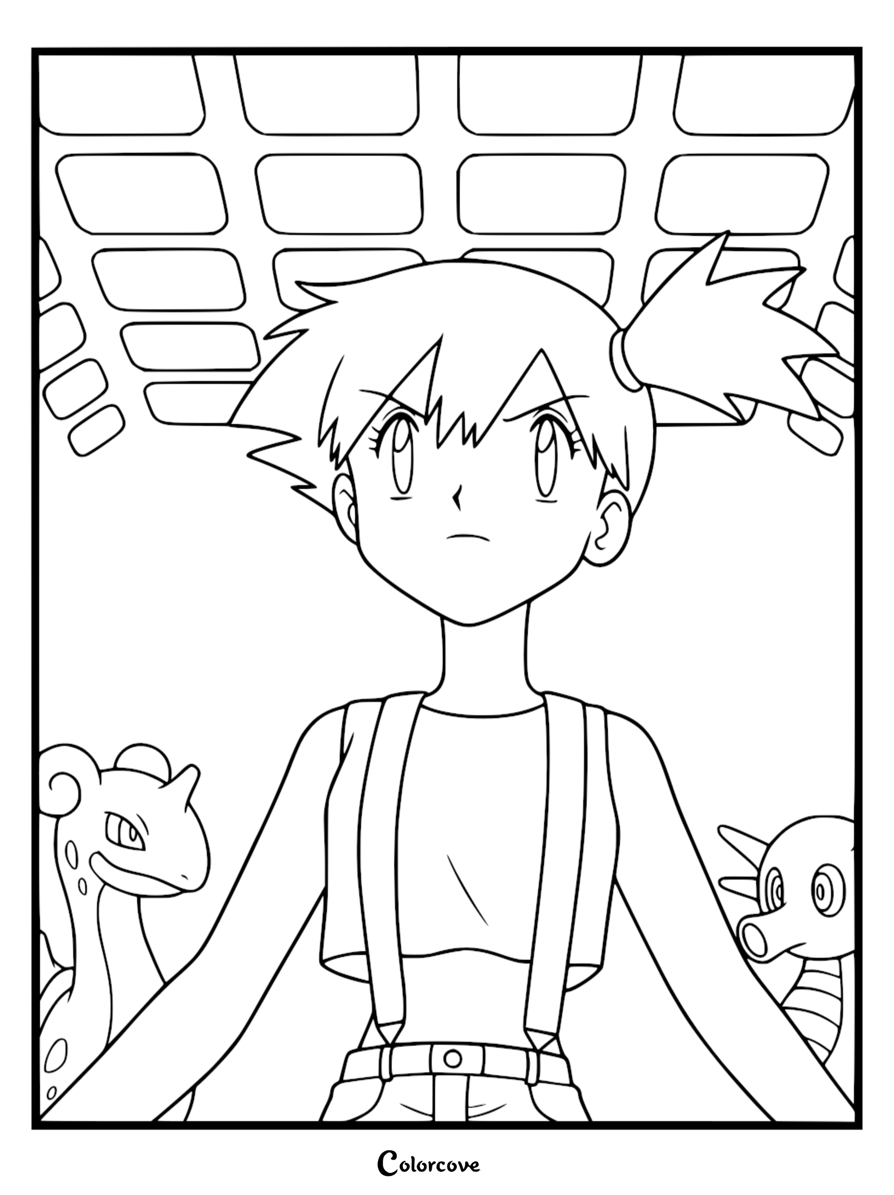 Misty standing with Lapras and Horsea in a coloring page illustration with a brick wall background.
