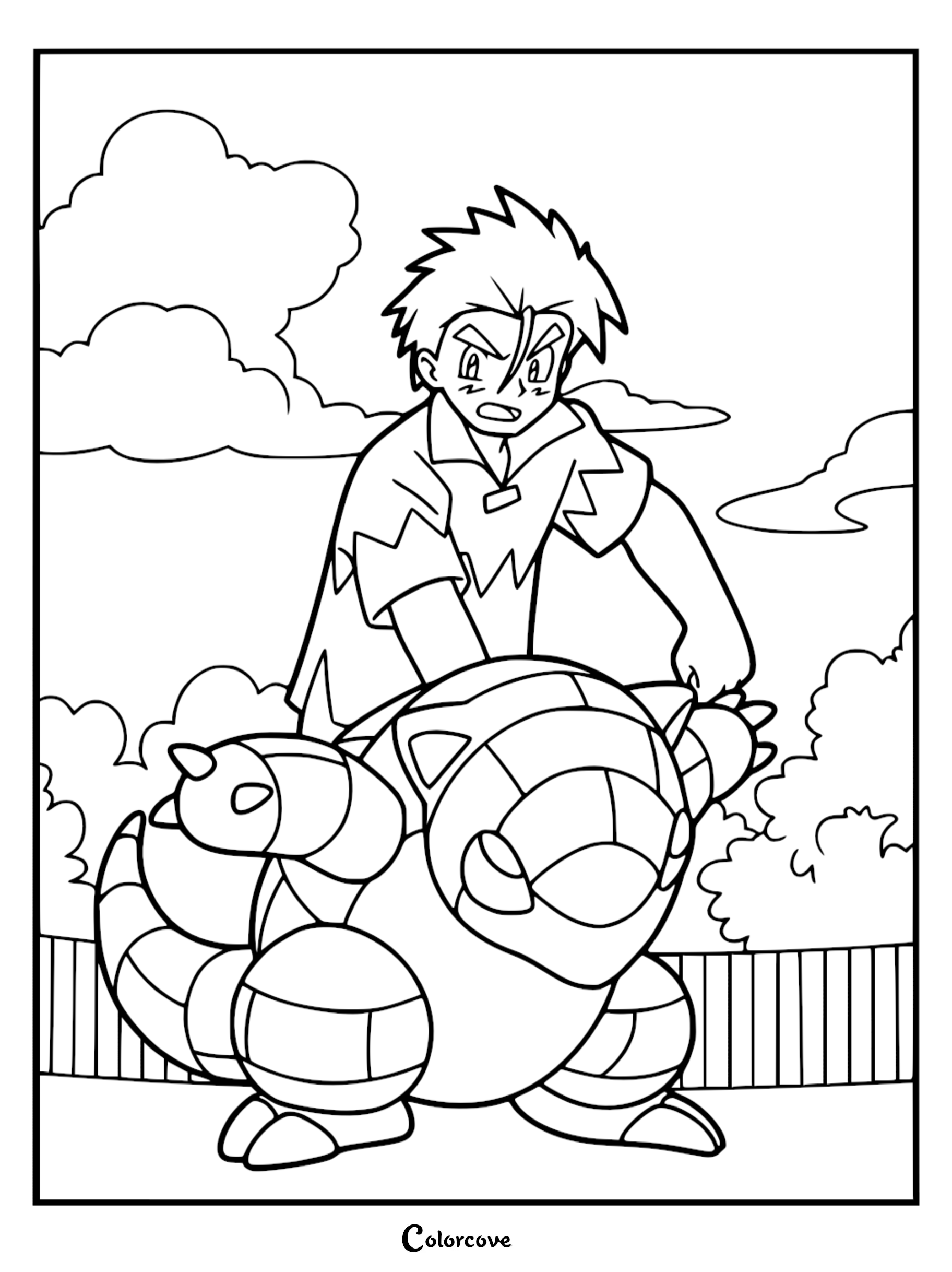 A.J. stands with his Sandshrew, printable coloring page.