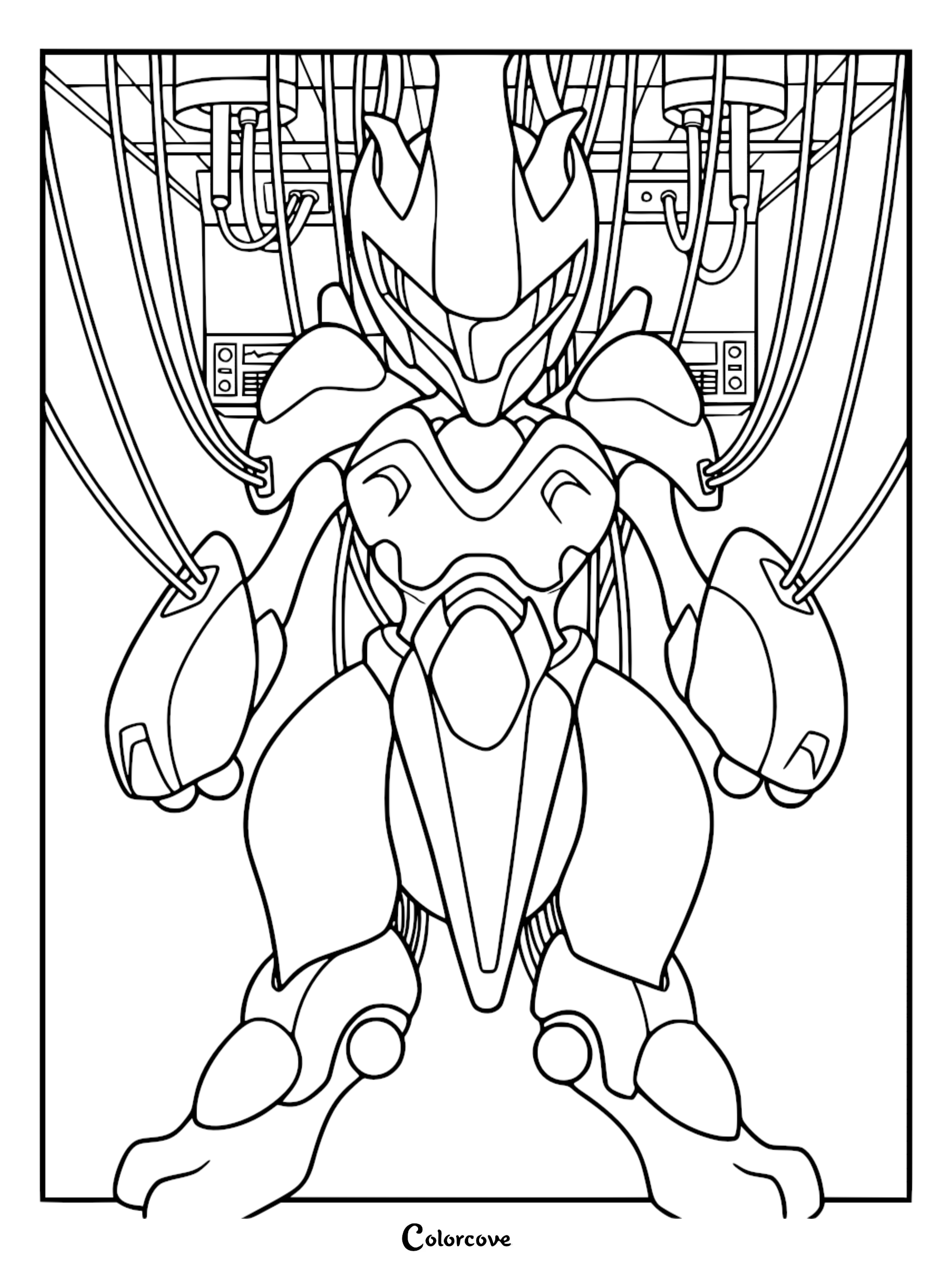 Armored Mewtwo wearing its containment suit connected to laboratory cables in this detailed coloring page.