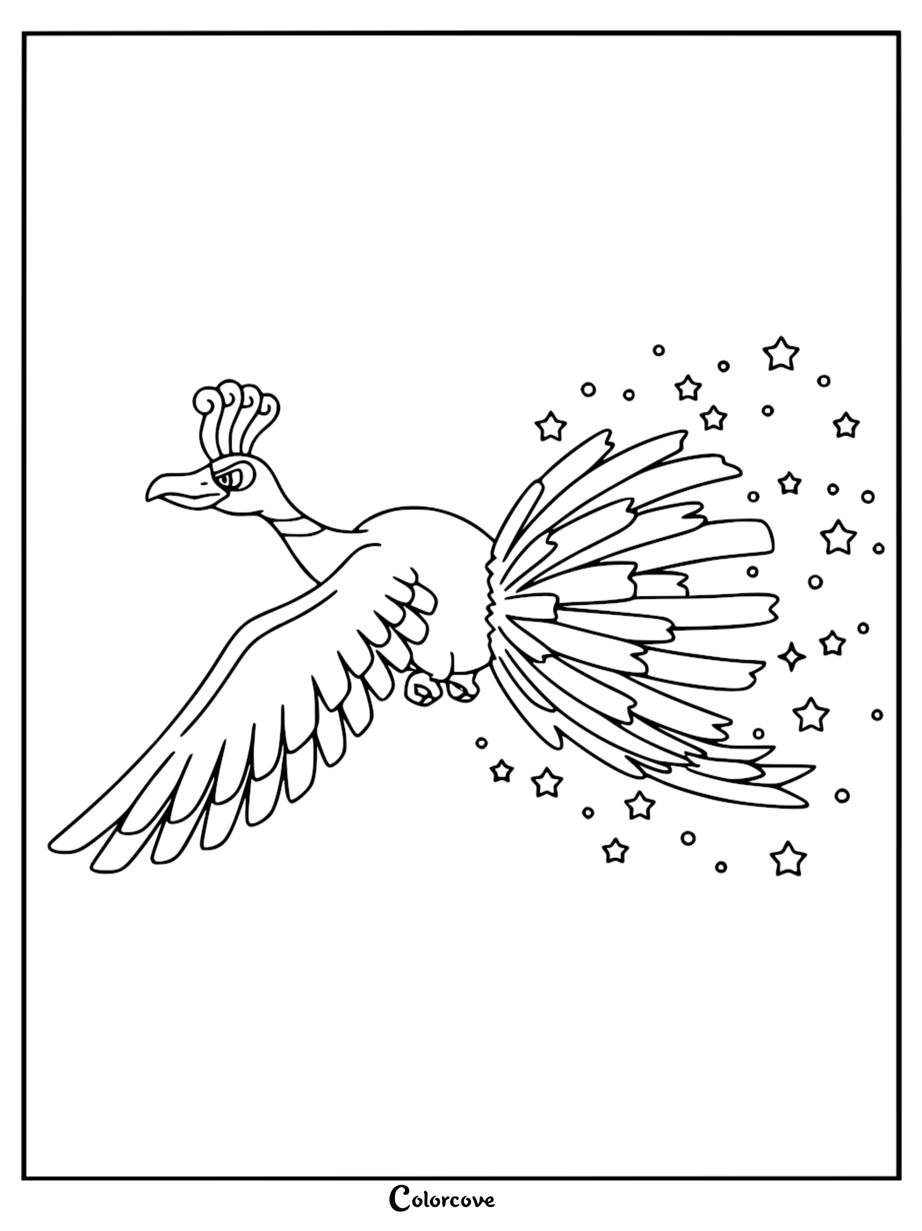 Ho-Oh soaring through the air with a trail of stars in this printable Pokémon Indigo League coloring page.