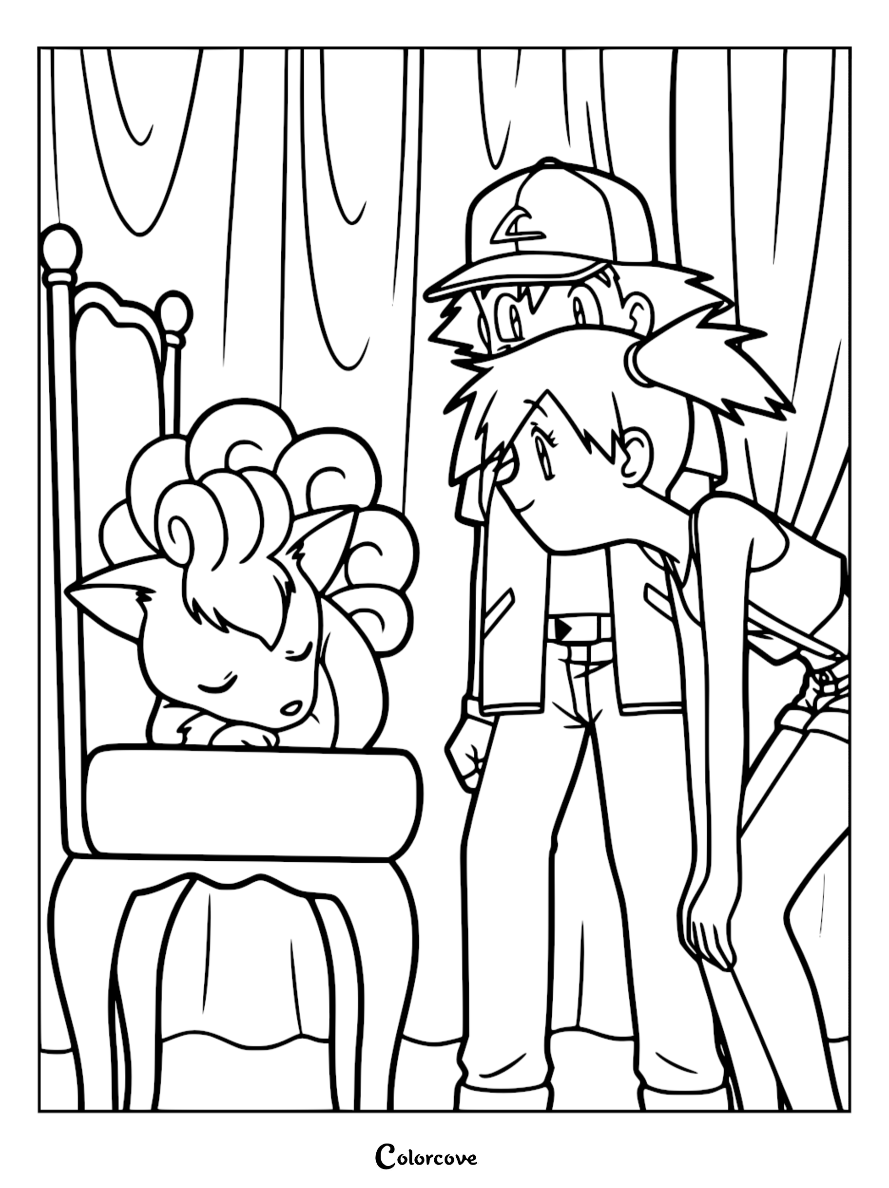 Ash Ketchum and Misty looking at a sleeping Vulpix sitting on a chair in this Pokémon Indigo League coloring page.