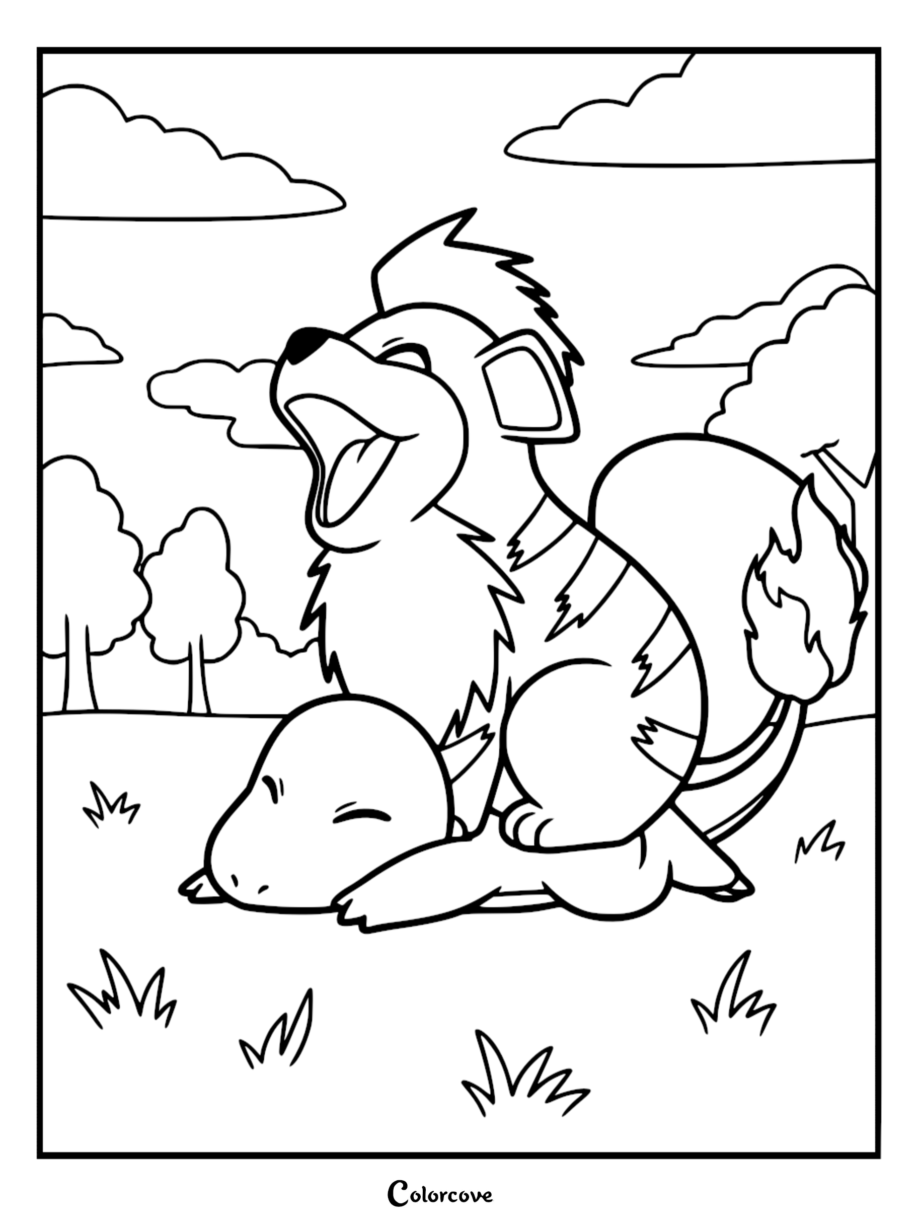 A printable coloring page featuring Growlithe sitting happily while Charmander sleeps peacefully in a grassy field with trees and clouds in the background.