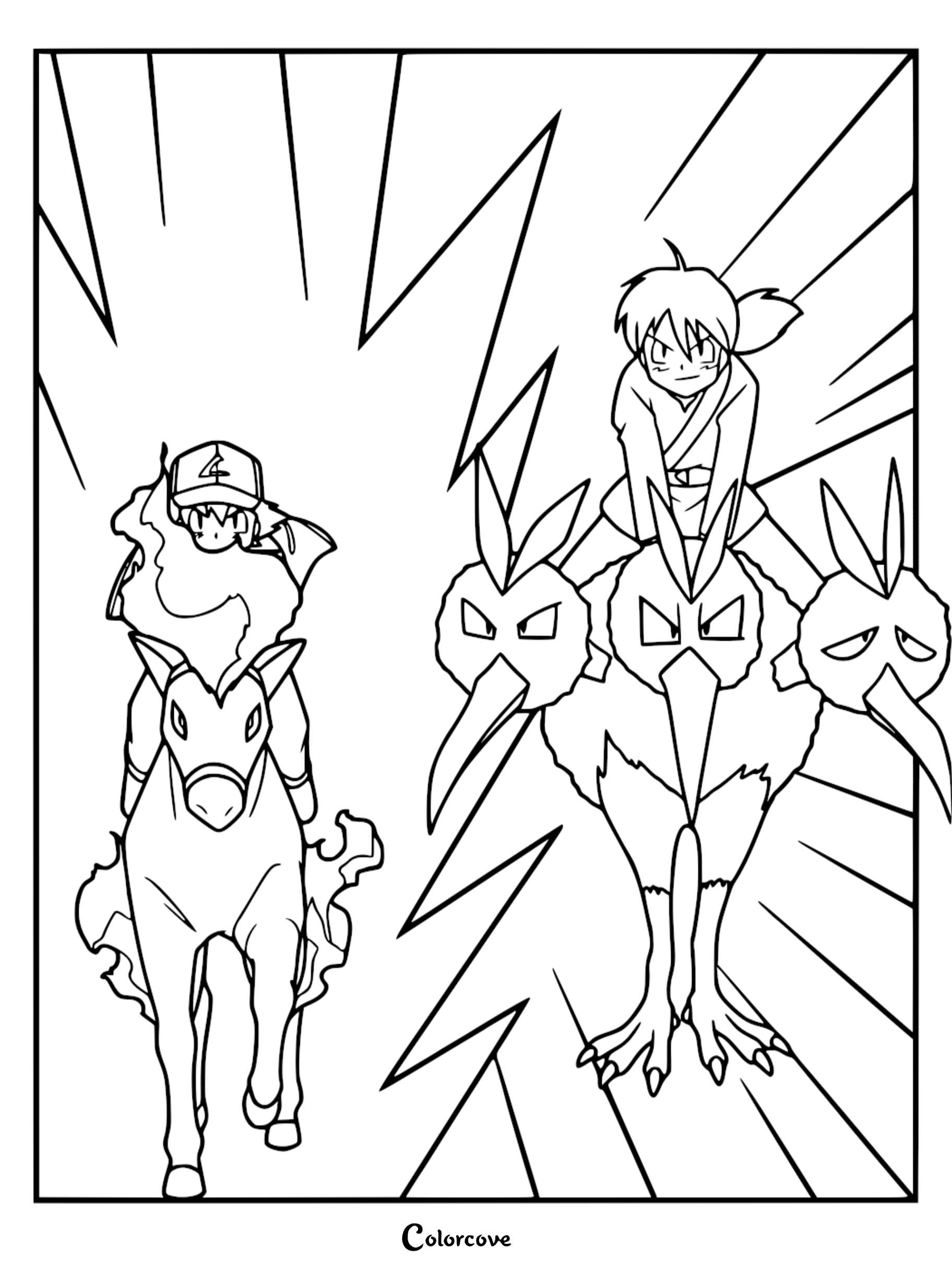 Ash Ketchum riding Ponyta and Ritchie riding Dodrio in a race, line art coloring page.