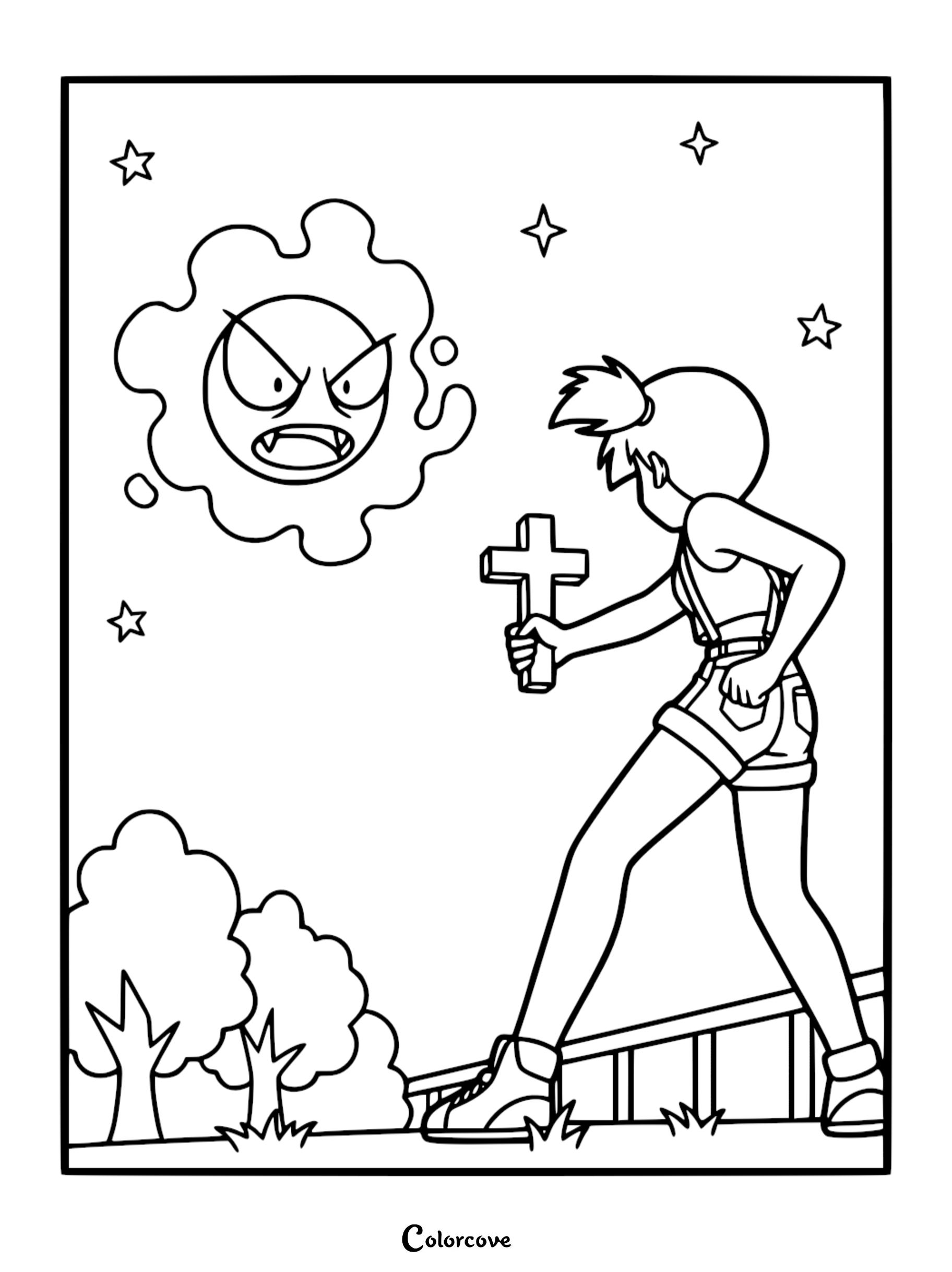 Misty from Pokémon holding a wooden cross toward Gastly in this printable coloring page.