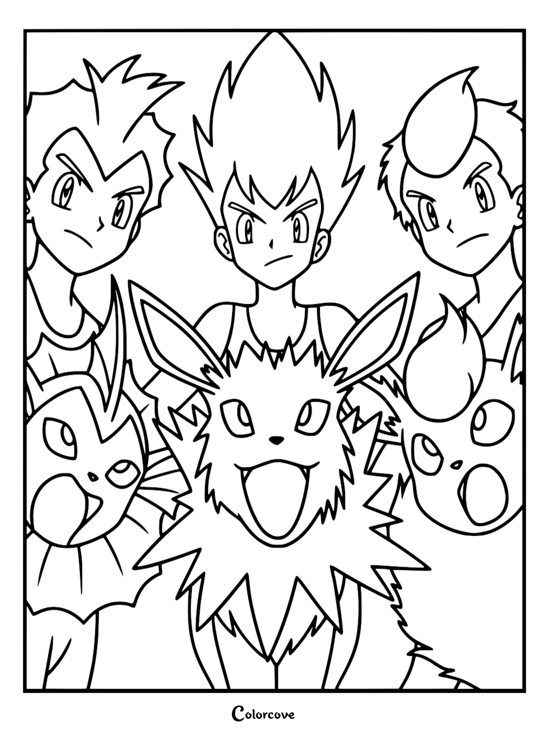 Coloring page featuring the Eevee brothers Rainer, Pyro, and Sparky with their respective Vaporeon, Flareon, and Jolteon.