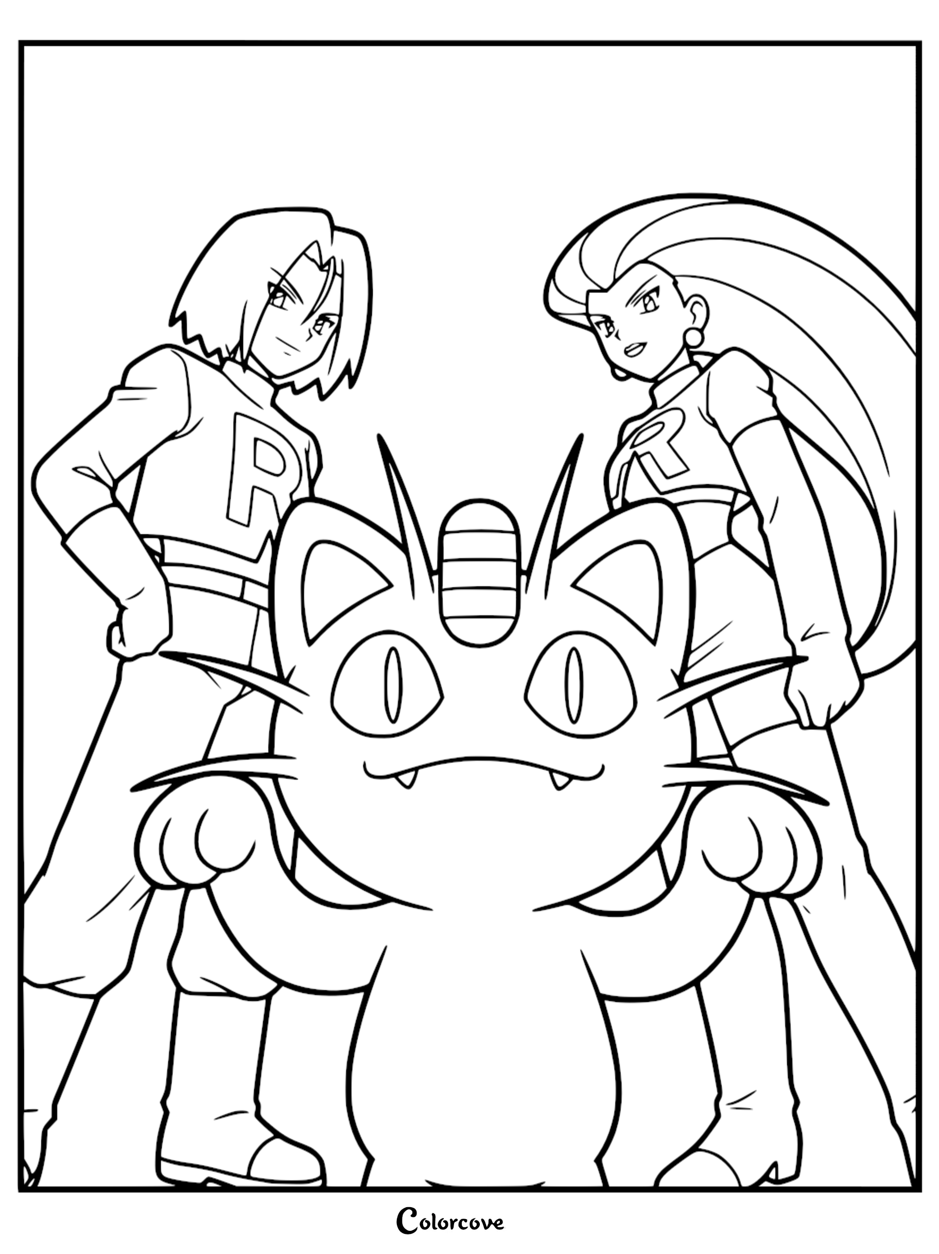 Jessie, James, and Meowth standing together in a Team Rocket coloring page line art illustration.