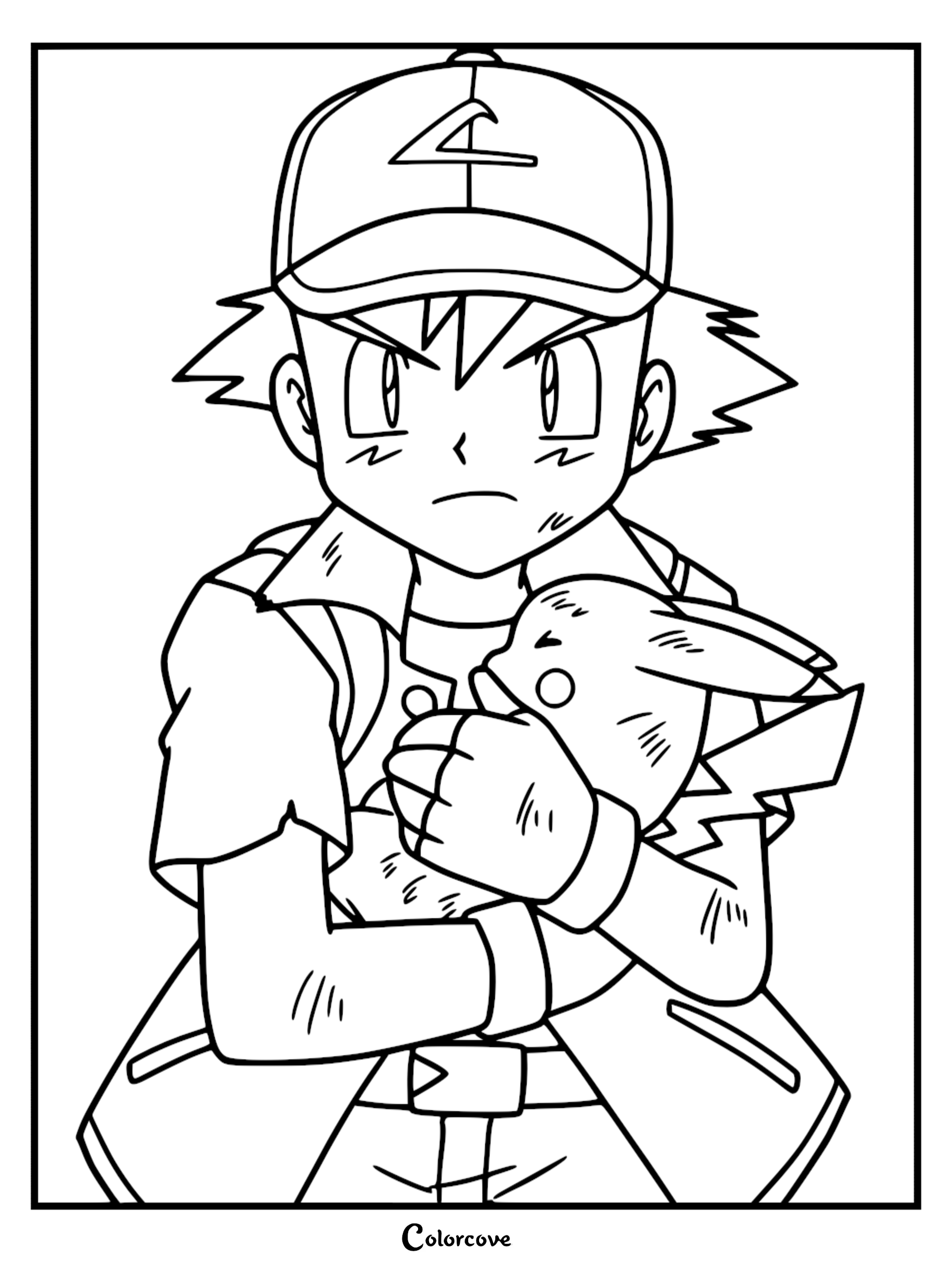 Ash Ketchum wearing his Indigo League cap while holding a sleeping Pikachu in this printable coloring page.